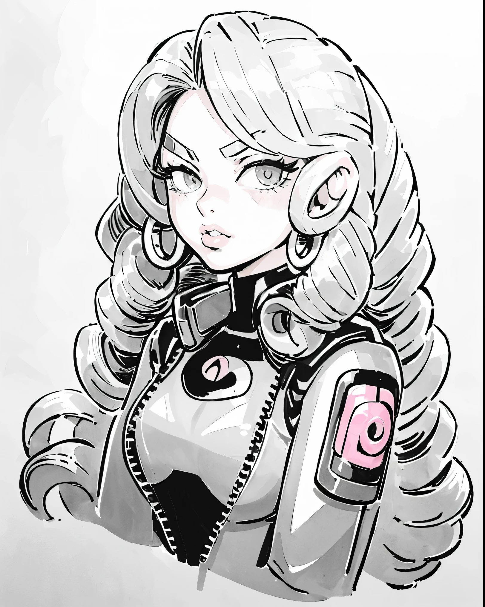 (masterpiece:1.5), (best quality:1.5),inksketch, 1girl, solo, pink gloves, gloves, blonde hair, lips, long hair, upper body, gradient background, small breasts, bodysuit, thick eyebrows, breasts, gradient, wavy hair, jacket, earrings, jewelry, grey eyes, nose, zipper, curly hair,none color