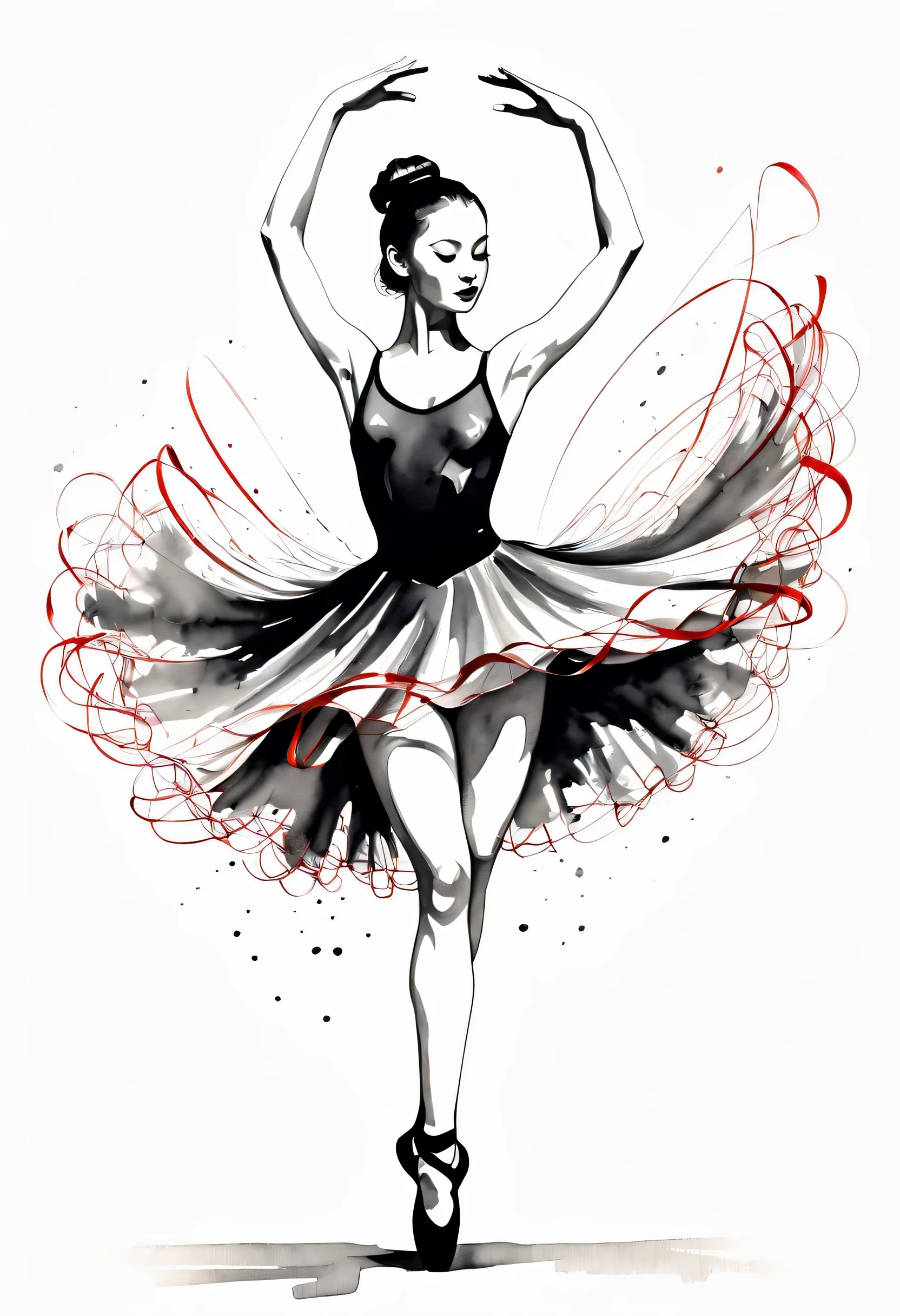ink画:One stroke drawing of ballerina girl,Curly eyelashes,Slender and straight figure,limb extension,Wrap gymnastics ribbon,fluttering streamers,A combination of strength and femininity。Outline with black ink,smooth lines,inksoil出层层的裙子,multi-layer,The ink on the skirt fell out with force,form an arc,Displays characters' Express expressions and postures through ink contrast,Simple background,Emphasis on light, shadow and space。ink,soil,sketch,grace,black and red