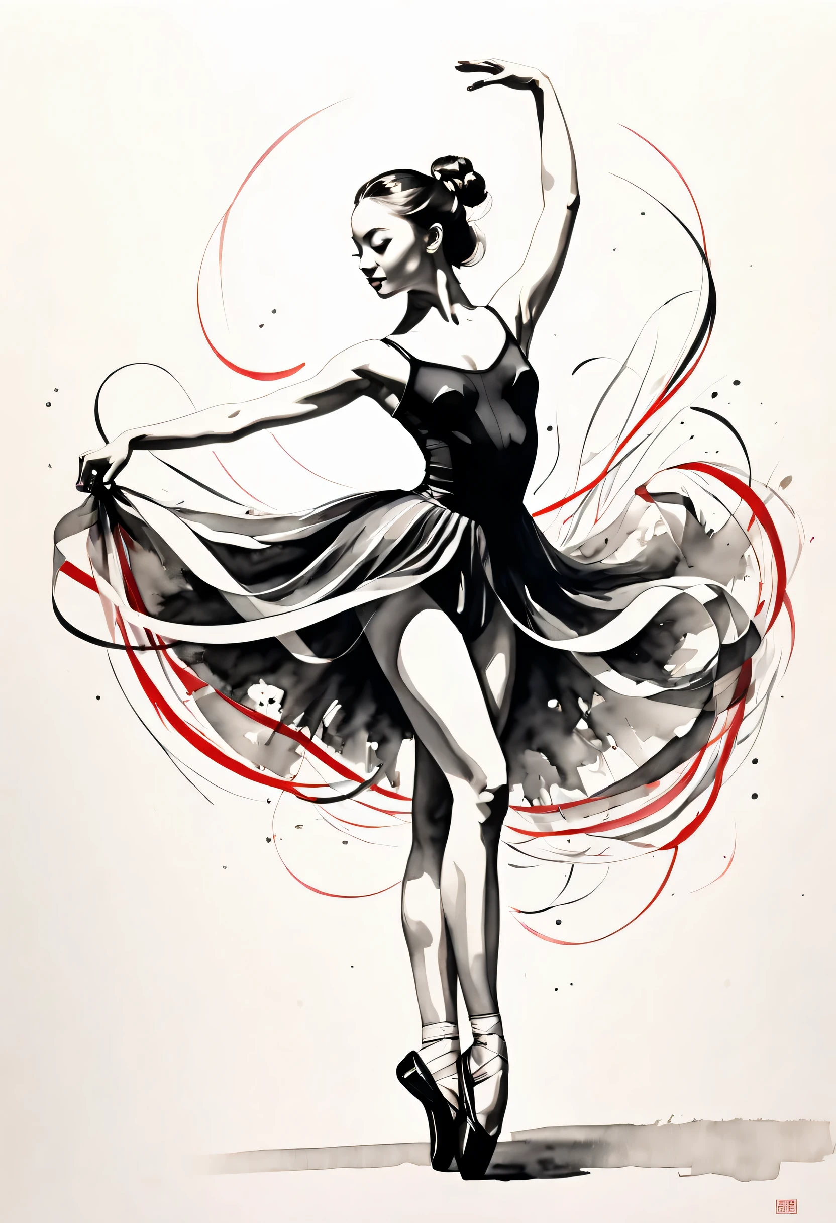 ink画:One stroke drawing of ballerina girl,Curly eyelashes,Slender and straight figure,limb extension,Wrap gymnastics ribbon,fluttering streamers,A combination of strength and femininity。Outline with black ink,smooth lines,inksoil出层层的裙子,multi-layer,The ink on the skirt fell out with force,form an arc,Displays characters' Express expressions and postures through ink contrast,Simple background,Emphasis on light, shadow and space。ink,soil,sketch,grace,black and red