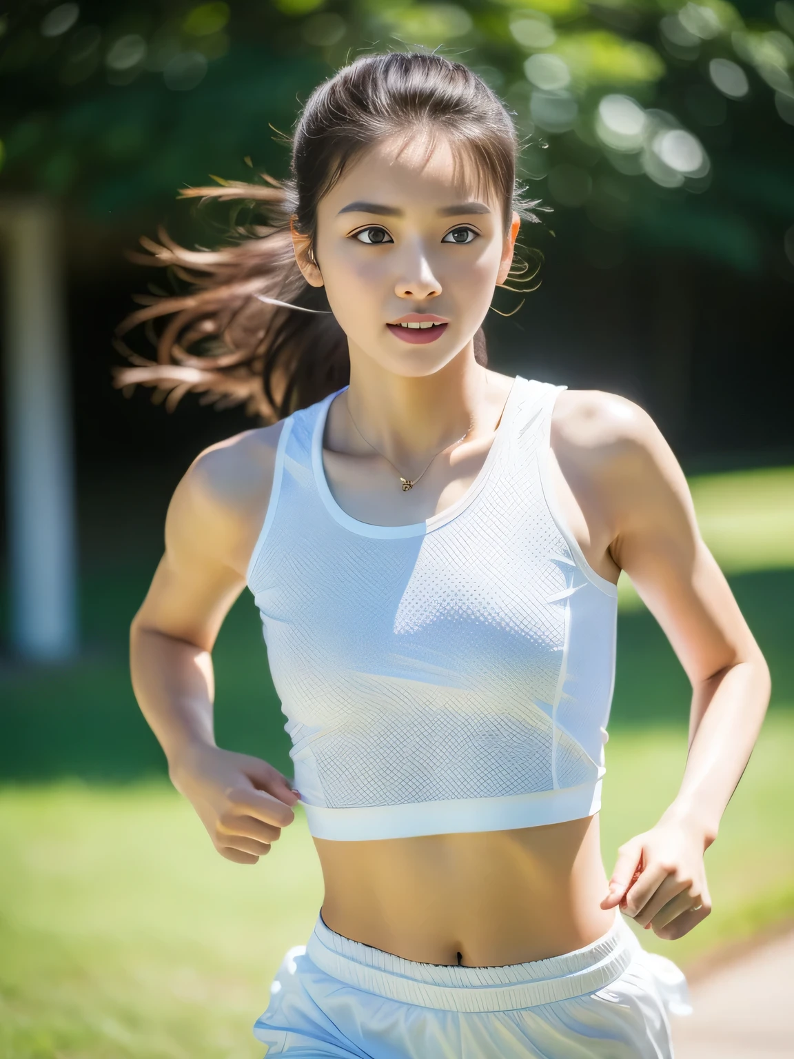 (masterpiece,highest quality:1.4),(8K,RAW photo,realistic:1.2),(shiny skin),fine skin,detailed face,fine eyes,1 girl,Upper body,japanese idol,very beautiful face,Girl Running,Wearing sportswear ,outdoor