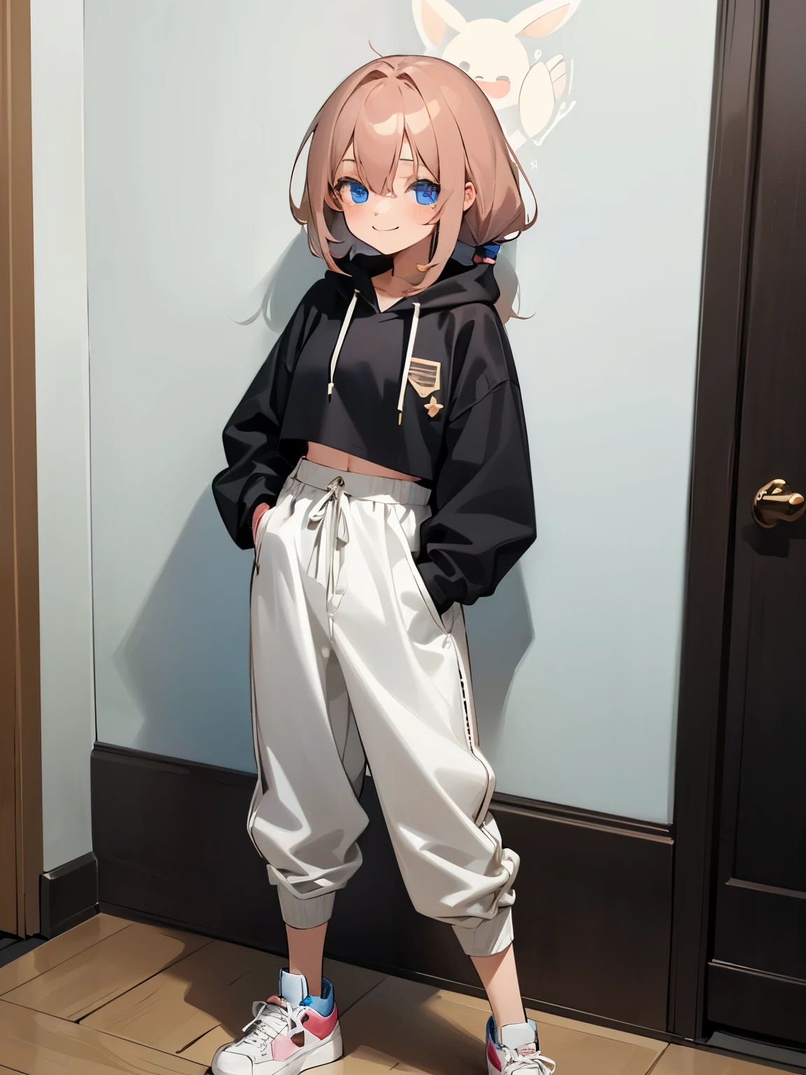 A cute girl 6  with caramel hair, blue eyes, and cute face. Wearing black crop hoodie. White sweetpant and white sneakers shoes. Her hair is bunny tied. She stand in front of royal apartment, smiled and put her right hand on her pocket. She brings ice cream in her left hand.