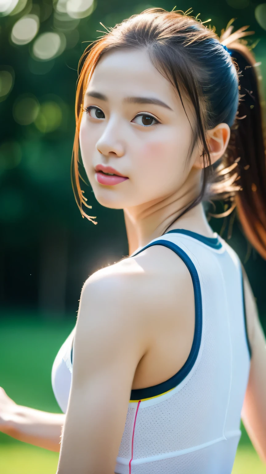 (masterpiece,highest quality:1.4),(8K,RAW photo,realistic:1.2),(shiny skin),fine skin,detailed face,fine eyes,1 girl,Upper body,japanese idol,very beautiful face,Girl Running,Wearing sportswear ,outdoor