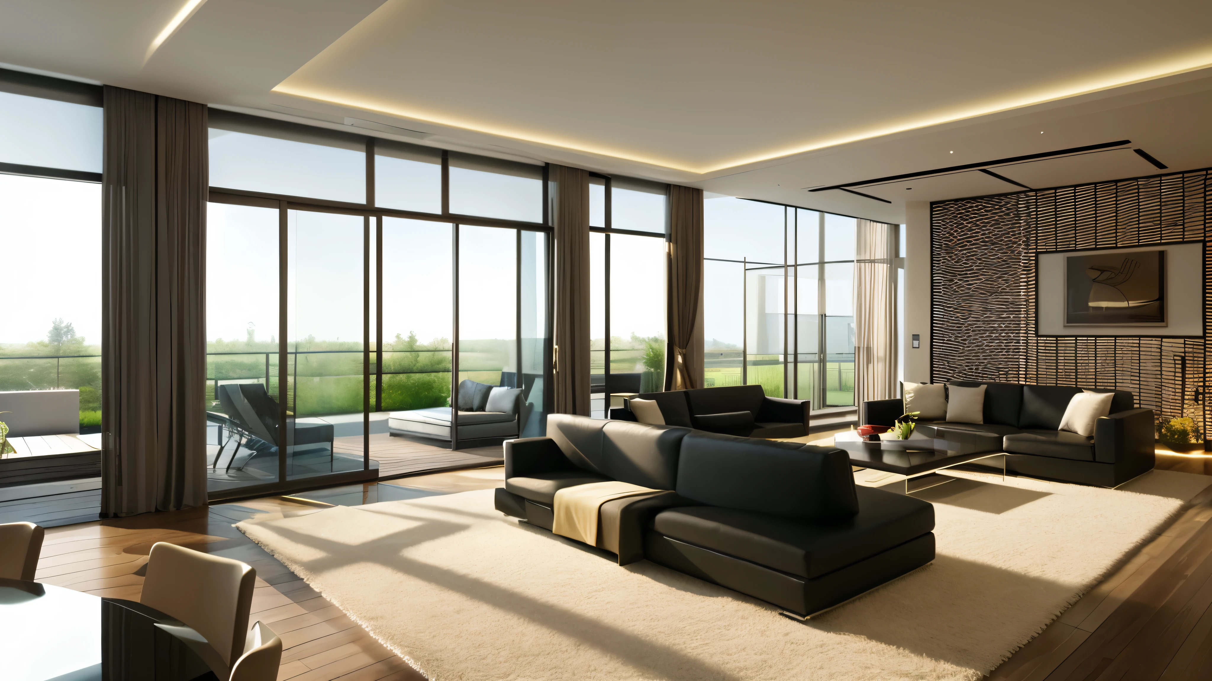 You are a famous interior designer、You have been asked to create a 3D image of a modern large room. Create a harmonious environment with modern and minimalist furniture. Including garden interior.