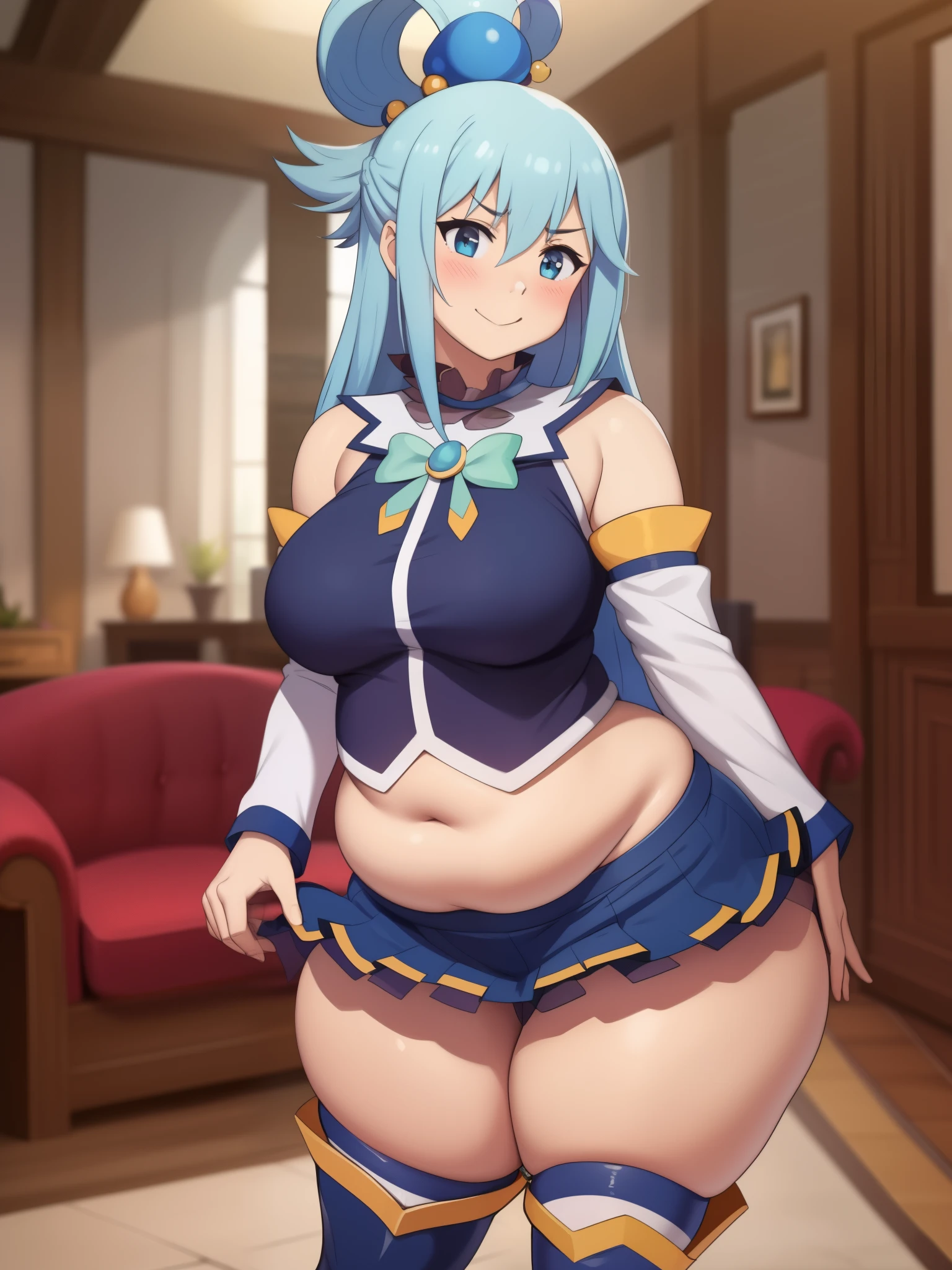 aqua \(konosuba\), ((highres)), Masterpiece, high quality, best quality, beautiful, perfect lighting, detailed face, ultra cute face, (blush), ((1girl)), ((solo)), Separated sleeves, blue blouse, skirt, thigh boots, Hair ornament, Hair ring, Long hair, blue hair, (blush), seductive smile, looking at viewer, standing, medium breasts, (wide hips), ((thick thighs)), (chubby), chubby belly, fat folds, belly hang, living room,
