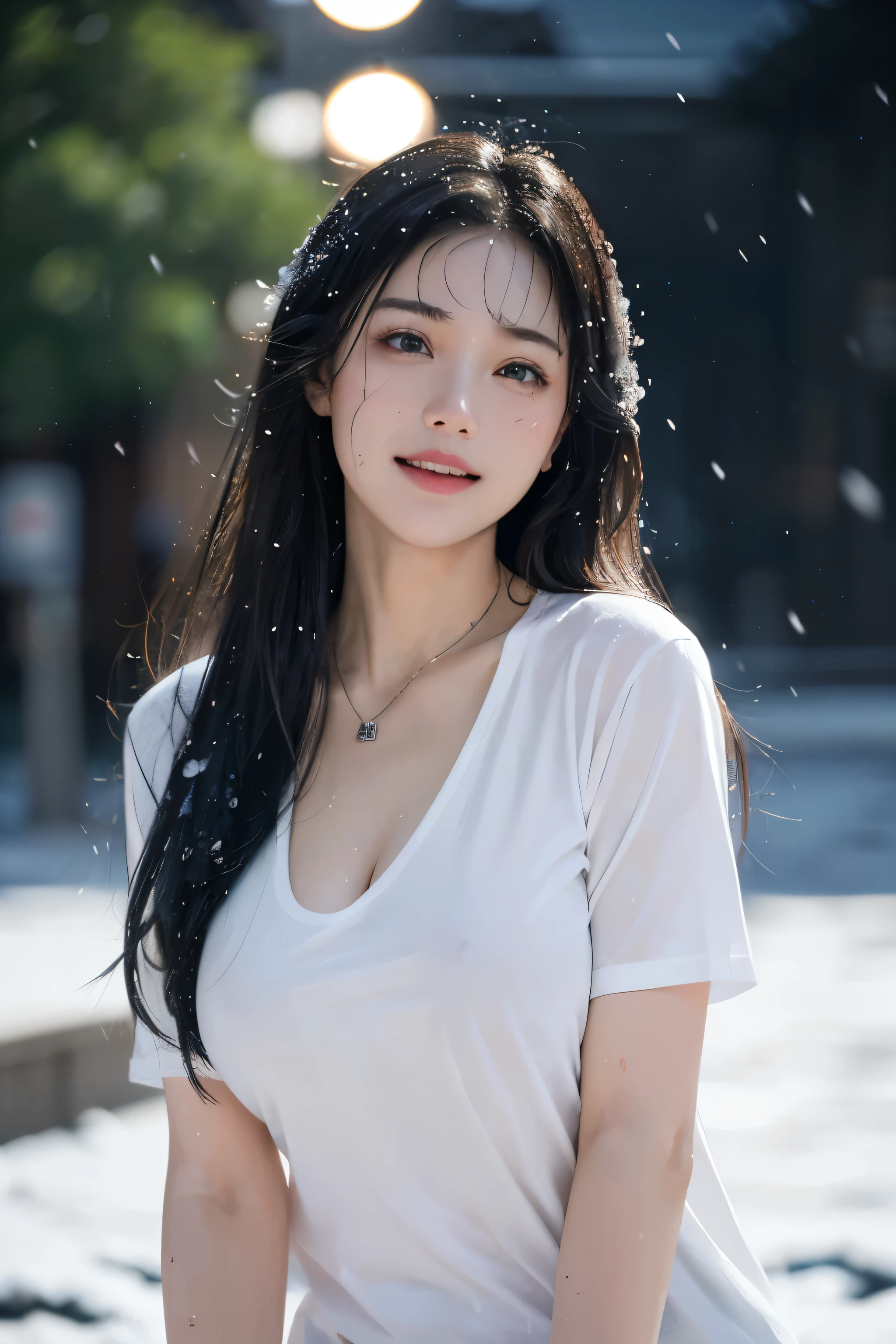 (top-quality,masterpiece:1.3,超A high resolution,),(ultra-detailliert,Caustics),(Photorealsitic:1.4,RAW shooting,)Ultra-realistic capture,A highly detailed,high-definition16Kfor human skin、(Large breast) ((Jewelry)) ,Hair ornament , Necklace ,Skin texture is natural、、The skin looks healthy with an even tone、 Use natural light and color,One 25 years old , random hair style , white body press t-shirt, tight_shirt, (smile:1.2), city street, (photorealistic:1.2), (ultra realistic:1.3), (very detailed:1.1), ((masterpiece)), super big round breast, mega big under tshirt, large breasts , ((wet clothes)) , (( wet body )) ,japanes,,kawaii,A dark-haired,Middle hair,(depth of fields、chromatic abberation, Wide range of lighting、Natural Shading、)、(Exterior light at night:1.4)、(Falling snow:1.3)、(Hair swaying in the wind:1.2)、(Light reflecting snow:1.0) ,full mood expression , camera from front