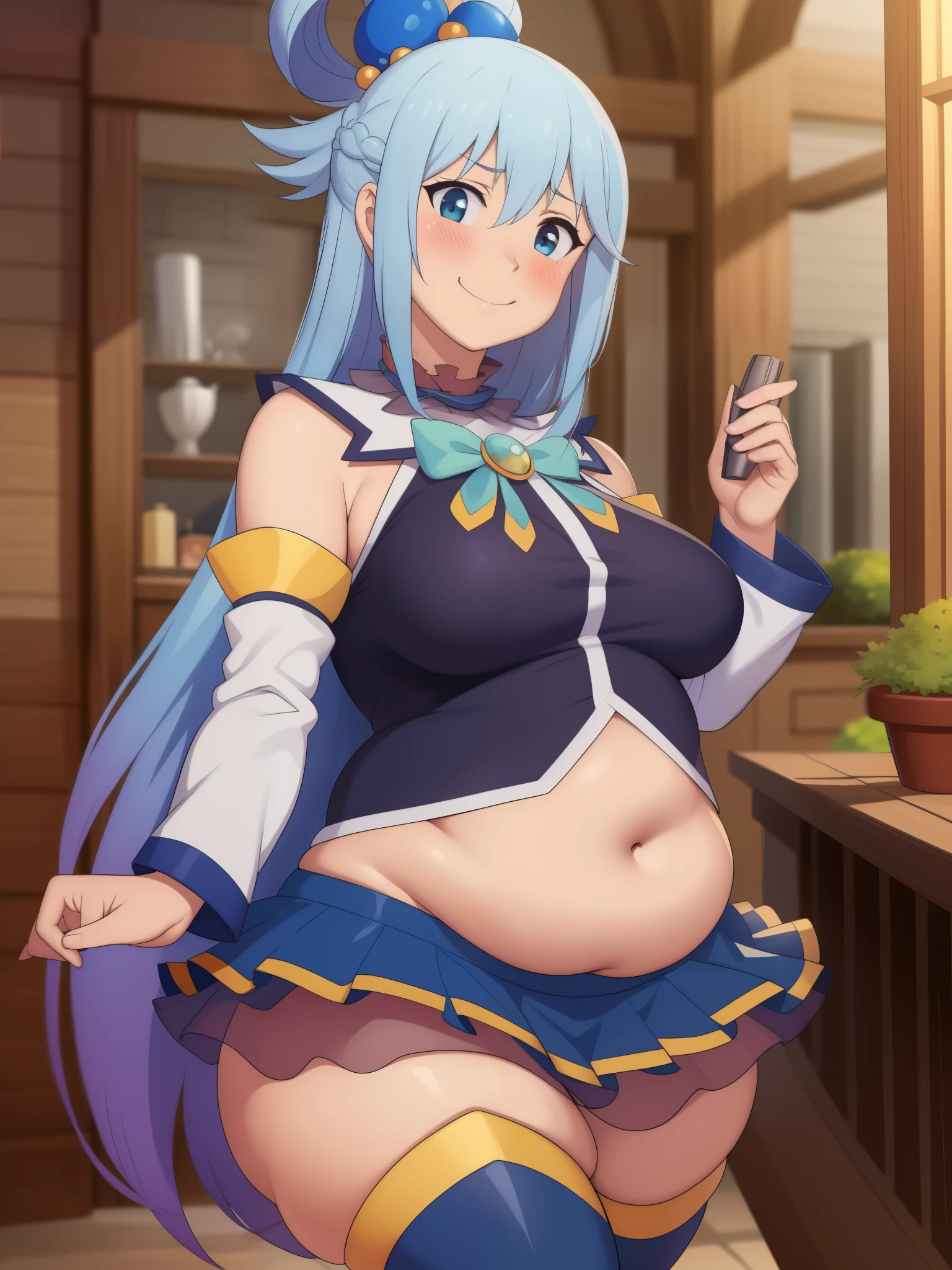 aqua \(konosuba\), ((highres)), Masterpiece, high quality, best quality, beautiful, perfect lighting, detailed face, ultra cute face, (blush), ((1girl)), ((solo)), Separated sleeves, blue blouse, skirt, thigh boots, Hair ornament, Hair ring, Long hair, blue hair, (blush), seductive smile, looking at viewer, standing, medium breasts, (wide hips), ((thick thighs)), (chubby), chubby belly, fat folds, belly hang, living room,