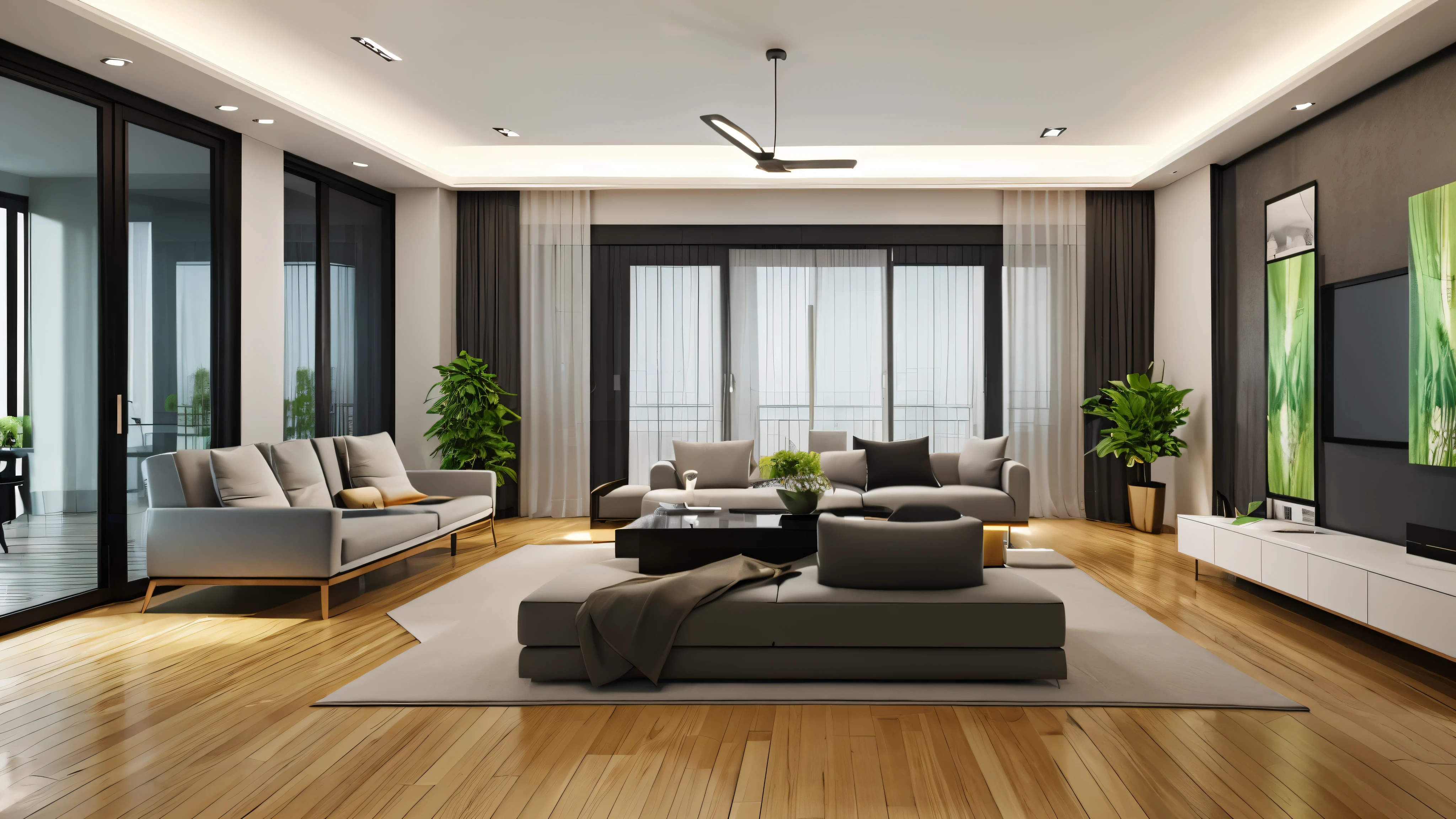 You are a famous interior designer、You have been asked to create a 3D image of a modern large room. Create a harmonious environment with modern and minimalist furniture. Including garden interior.