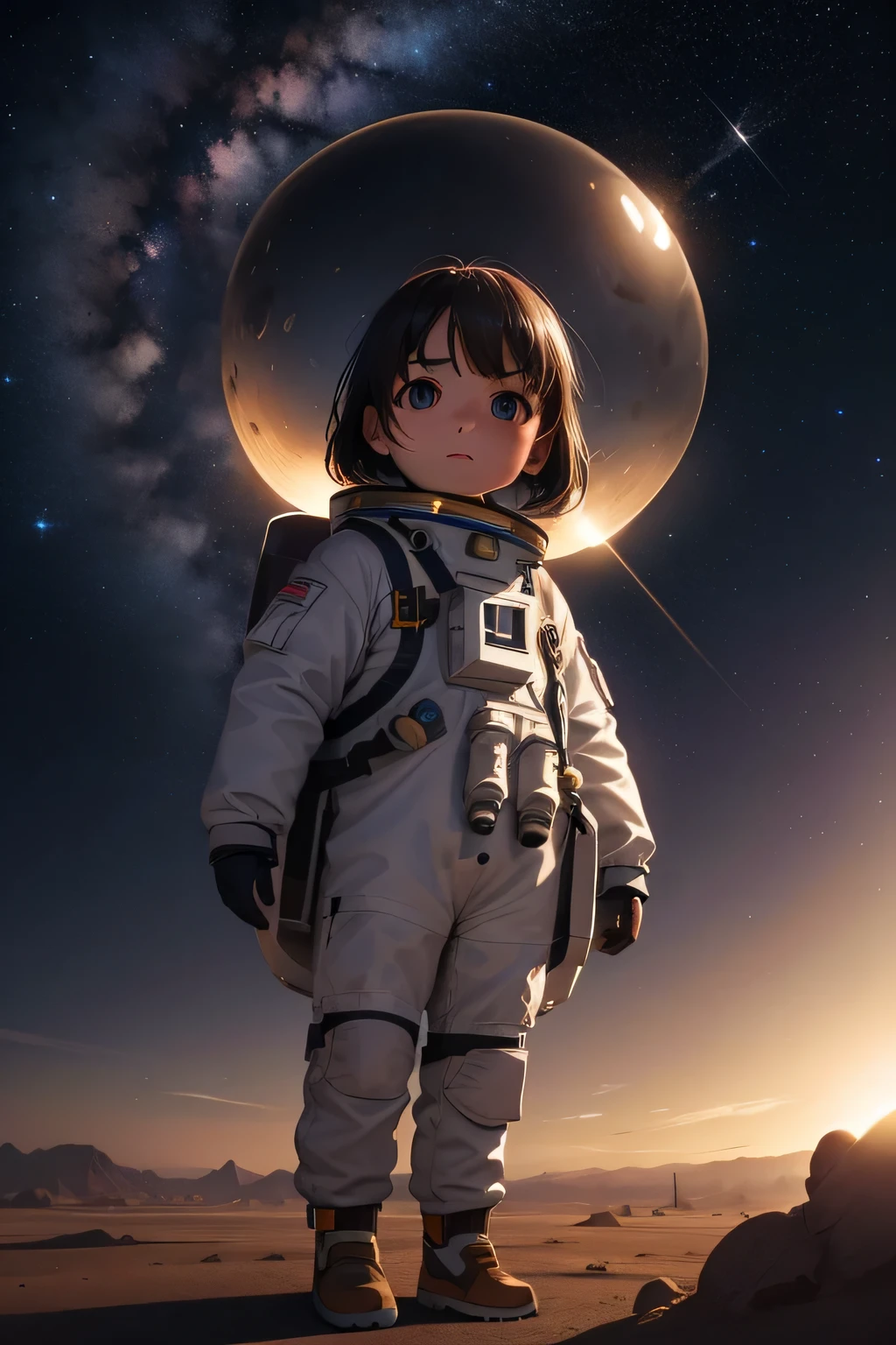 Ultra-detailed and hyper-realistic, the scene presents an astronaut ??? in the heart of a desert, where the wind relentlessly blows, raising clouds of dusty air. Surrounded by a mystifying array of clear brown mushrooms, some extraterrestrial plants sway gently as tiny seeds take flight. A small, intriguing extraterrestrial creature observes the  from the shadows, its wide eyes reflecting a sense of curiosity. The background bursts forth with a stunning canopy of small, twinkling stars, the Milky Way glowing in the distance. In the foreground, a towering, sleek science fiction space ship casts a long, ominous