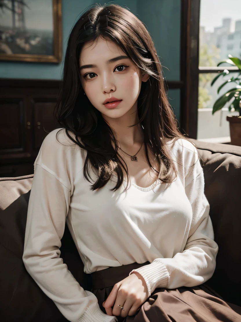 high quality、High resolution、masterpiece、sharp focus、realistic、RAW photo、cinematic lighting、Photographic portrait of beautiful women、fine eyes、bust shot、focus from the chest up、realistic face、Natural textures、rich colors、Super realistic texture、dramatic lighting、blush、embarrassing、laughter texture、beautiful and delicate face、beautiful and delicate eyes、detailed hand drawn、Depiction of fine feet、Beautiful 30 year old sexy girl、skin、Blurry interior background、Fashionable shirts、brown skirt、black stockings、straight hair、cozy living room、sunlight、sitting on the sofa、Formal Rings、necklace、Models of dynamic poses