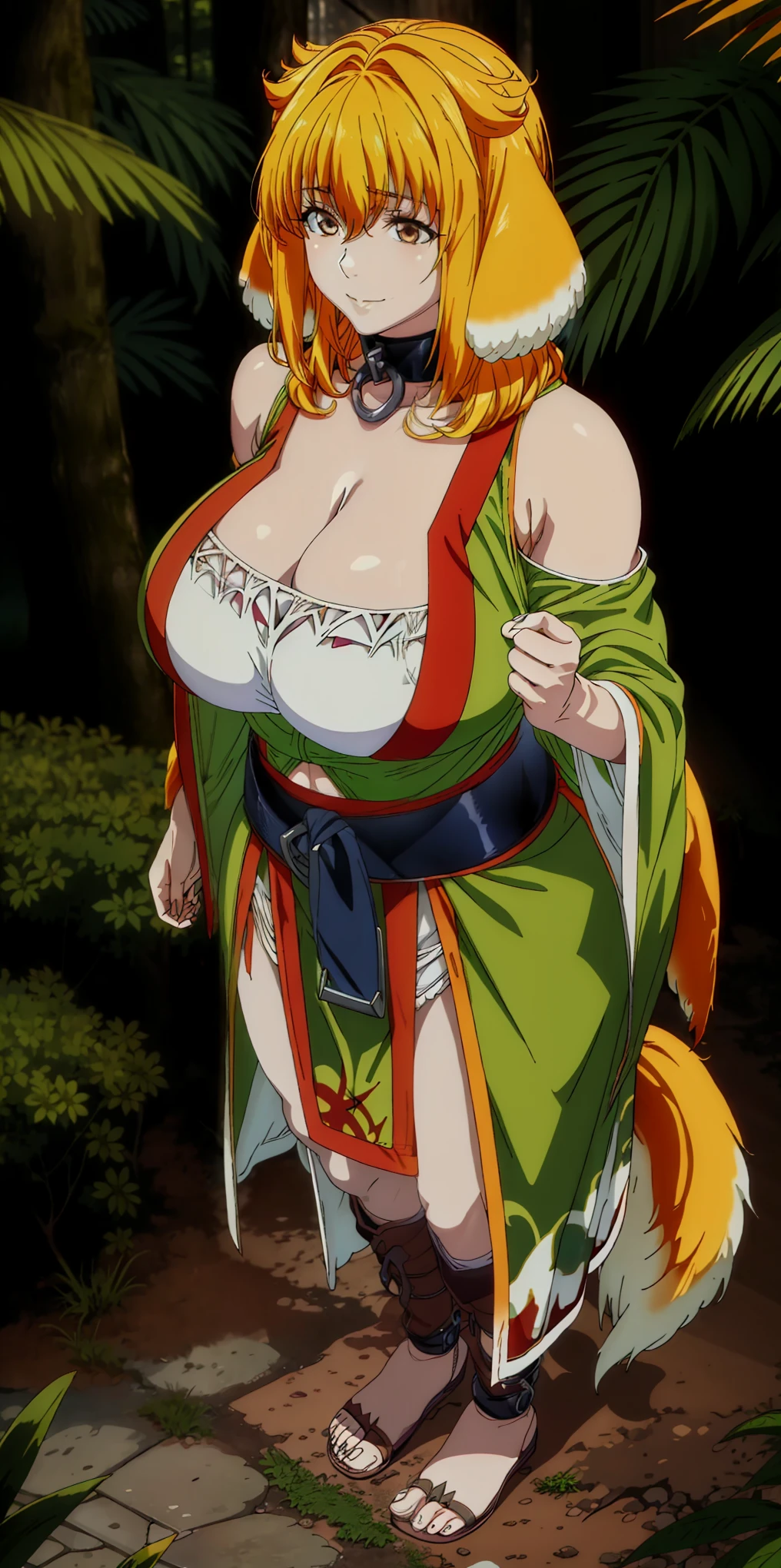 (russian girl), ((fluffy dog ears)), ((very muscular abs)), huge breast, animal print clothes, ((blonde hair)), thick eyebrow, (japanese oni), in a forest in japan, japanese clothes, smirking lustful smile, full body of a woman in a dress with a veil, feet together, standing feet together, militar boots, beautiful fantasy maiden slave warrior, choker, sex slave crotch tattoo