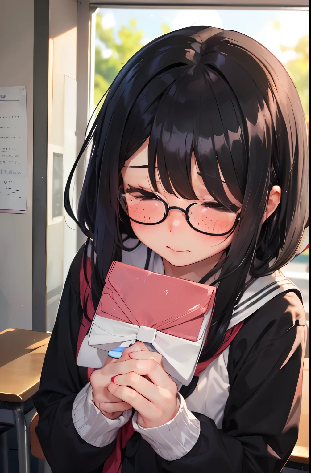 Anime girl with glasses holding a book in her hands - SeaArt AI