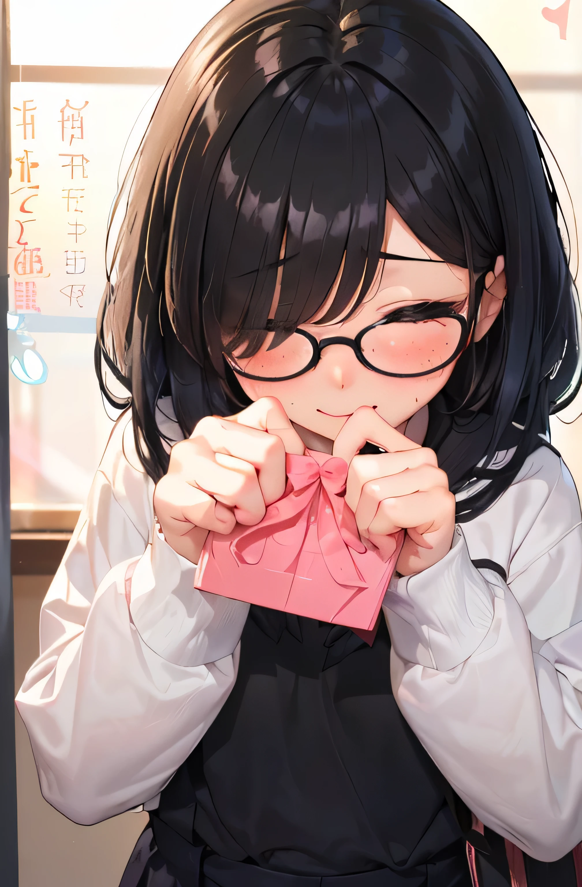 (((1 girl)))、13 years old、Middle school students2grade、sailor suit、black tights、student bag、、low length、(((((long bangs hide the eyes:1.5)))))、((freckles))、((((long black hair:1.2)))) (((hair band)))(((black rim glasses:1.2 black eye)))、looking here、Upper body、((classroom at dusk))、((((holding a small white envelope in hand:1.3)))、(((stretch your hands straight out in front of you:1.3)))((((blush、embarrassing)))))(((confession:1.5)))(((Correct hand structure、Precise finger structure、Human finger、)))