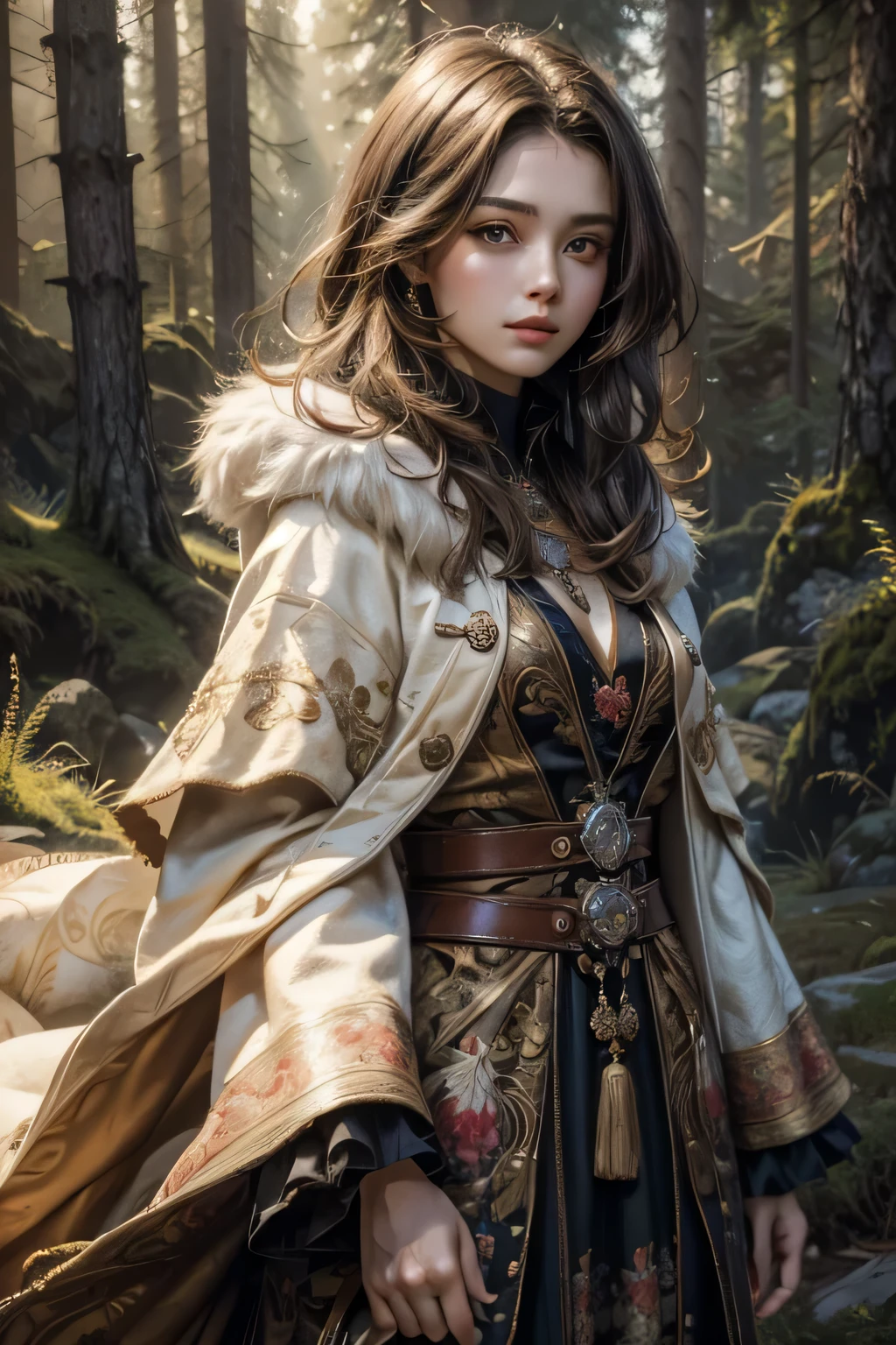(highest quality,4K,8K,High resolution,masterpiece:1.2), super detailed, (fractal art:1.3), colorful, very detailed, Brunette girl, Raised by mountain dogs, in the middle of the forest, Wearing a fur cloak, A sharp look from her intense eyes, , Red inverted triangle paint on both cheeks, wearing light white clothes, hair falls just below shoulders、short hair
