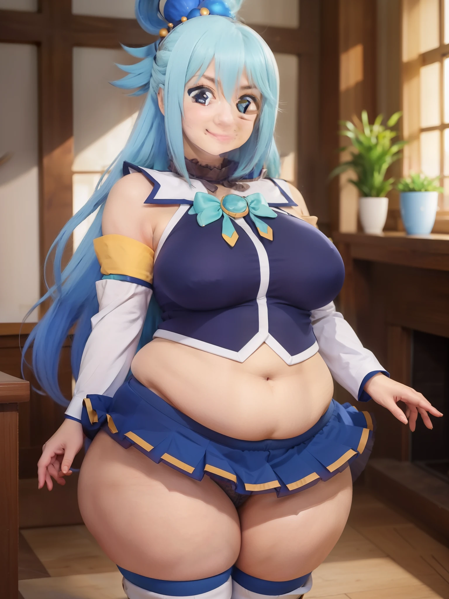 aqua \(konosuba\), ((highres)), Masterpiece, high quality, best quality, beautiful, perfect lighting, detailed face, ultra cute face, (blush), ((1girl)), ((solo)), Separated sleeves, blue blouse, skirt, thigh boots, Hair ornament, Hair ring, Long hair, blue hair, (blush), seductive smile, looking at viewer, standing, medium breasts, (wide hips), ((thick thighs)), (chubby), chubby belly, fat folds, belly hang, living room, (belly grab),