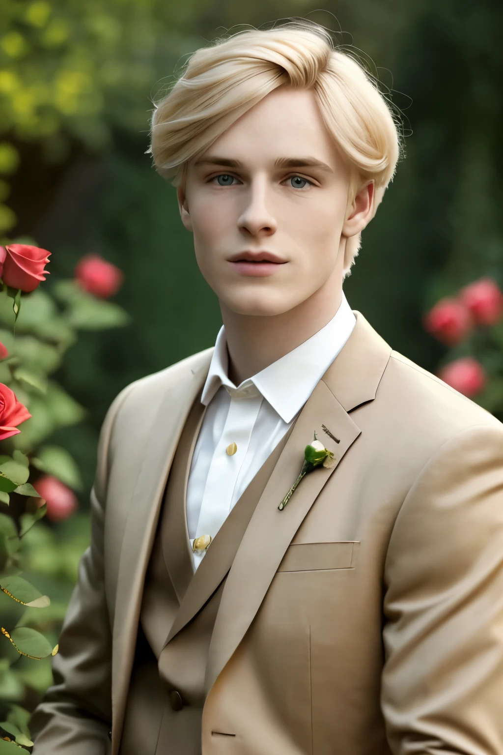 a young man, golden blonde hair, Valentines suit with rose, whole body, in castle, masterpiece, realistic, 8k, detailed, in a garden, highly detailed face, f2.8,denoise, dof, blur background,