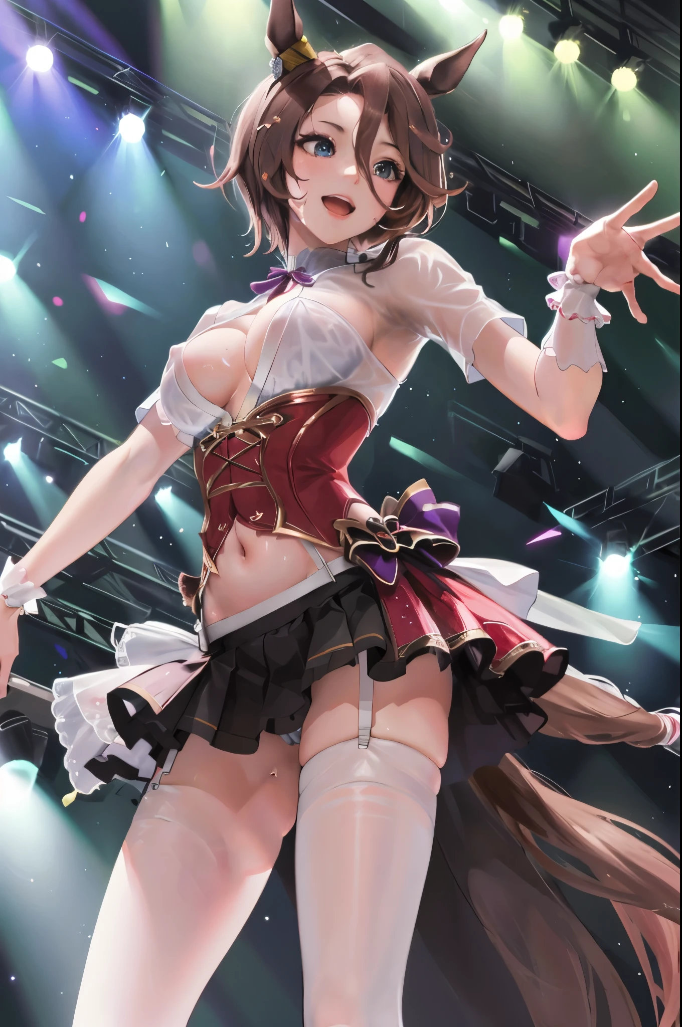 sexy dance show,sexy pose,narita taishin \(umamusume\),good anatomy, masterpiece, best quality,realistic, hyperrealistic, 16k hdr,Smile,(Live Stage),(see through costume:1.2),Stage costumes,Horse tail,sing a song,ultra miniskirt,navel,micro panties,clearvage,erected nipples,sweat,from below,large breasts,spread legs,