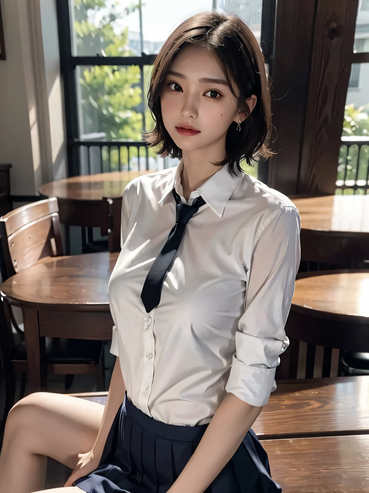 disorganized, RAW photo, very delicate and beautiful, masterpiece, highest quality, ultra high resolution, 16k, surreal, super detailed, perfect anatomy, super dense skin, perfect figure, Highly detailed CG 8k wallpaper, 20&#39;s, very slim body, (tight waist:1.1), very small head, very small face, delicate features, tearful mole, earrings, thin legs, (very huge round breasts:1.1), (full body shot:1.1), short hair, wavy hair, (school uniform:1.1), (dress shirt:1.1),