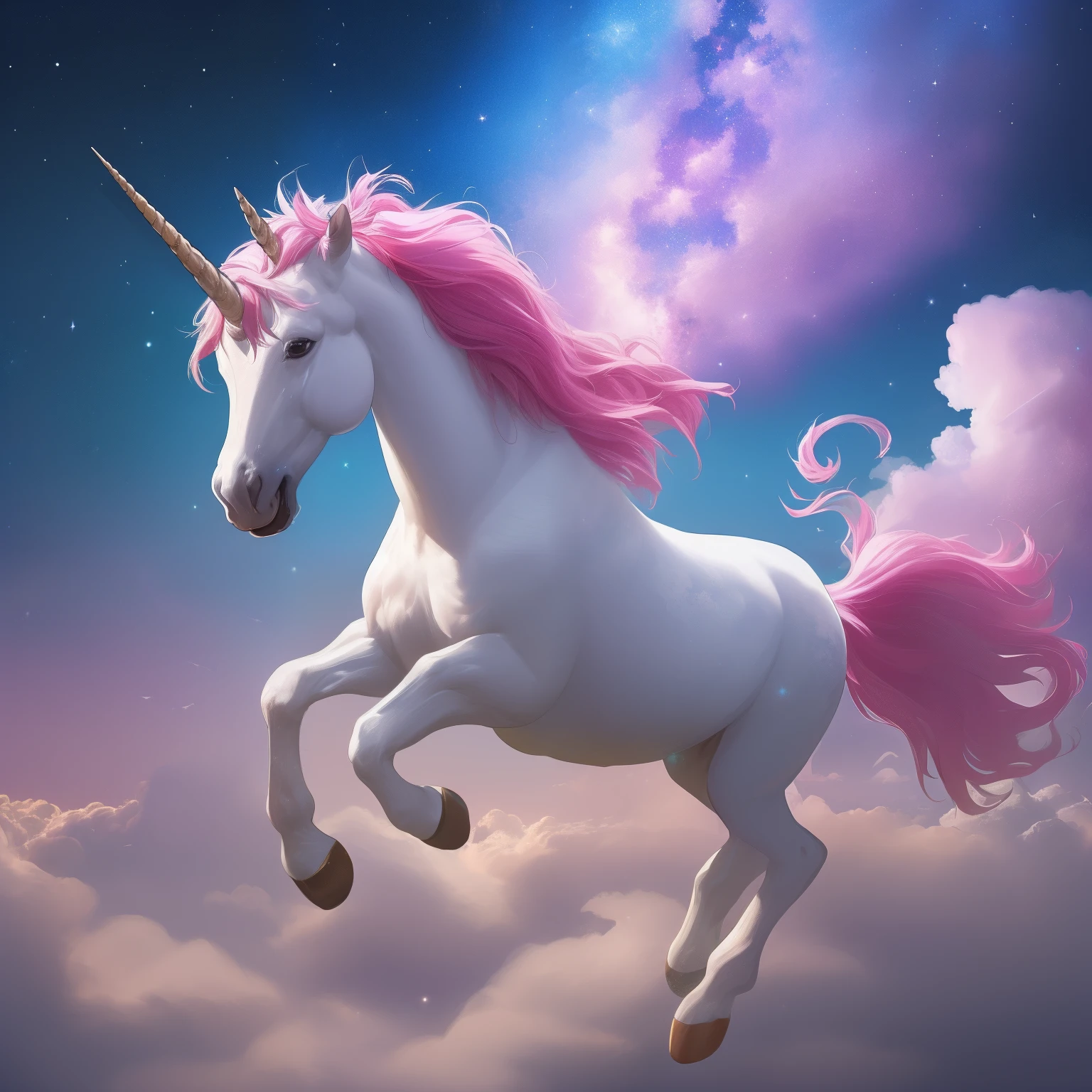 unicorn flying on cloud, starry sky, milky way, fantasy concept art