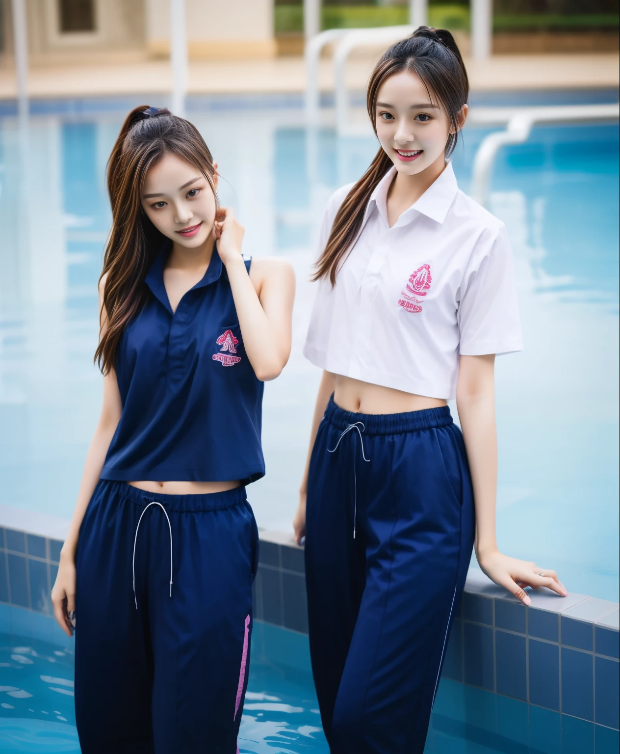 2 girls in the swimming pool, black underwear,Navy Long Trackpant,Sweatpants, Sweatpantsขายาว,25 year old girl, lesbian, sexy, exercise clothes, wet body