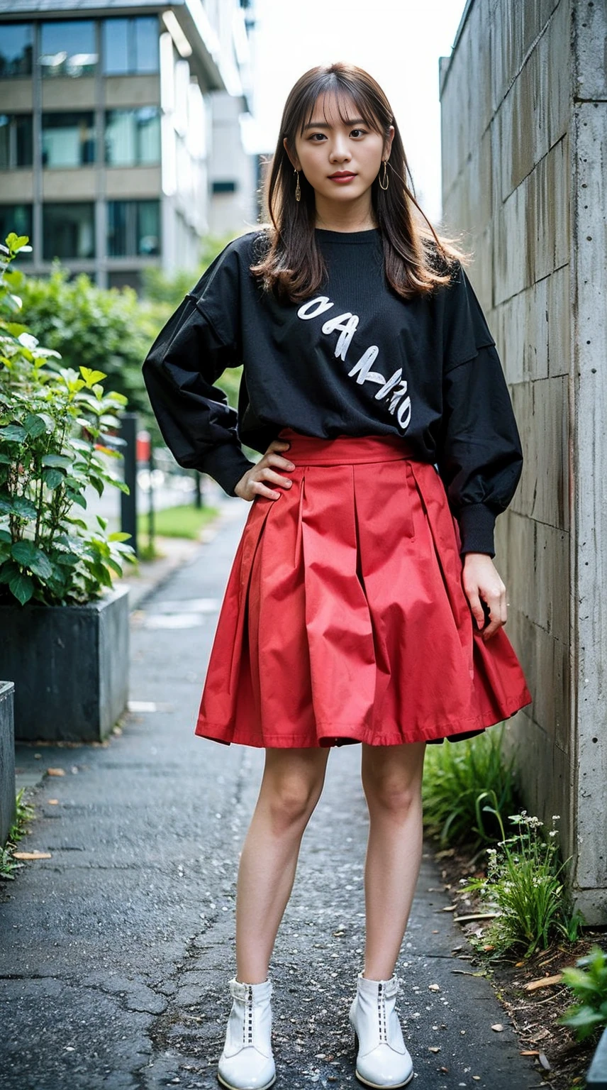 masterpiece, great work, whole body, 1 girl,  mini skirt, blush, bracelet, beautiful breasts, , gradient hair, long hair, looking at the audience, loose earrings, checked skirt, red eyes, ring, smile, alone,  fashion, woman, vitality,  take a pose, front, colorful,concentrated、whole body画像(1:5）、thin legs、Are standing、put your hands on your hips、idol costume、boots、whole body画像、Chest emphasis、pink costume、stand with legs apart