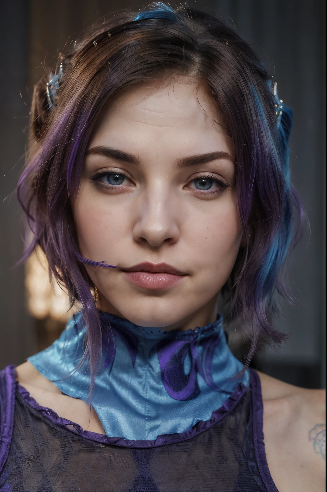 a close up of a woman with blue hair and a purple top, hyperdetailed fantasy character, a wide angle portrait of a model dressed in cosplay as Caitlyn Kiramman from Arcane League of Legends, sexy young woman, realistic , beautiful succubus, grey eyes, ((derevschikova:1.5)), beautiful alluring , perfect nose, ultra beautiful, with her long, perfect beautiful, realistic , epic beautiful, 8k, fuji xt3,