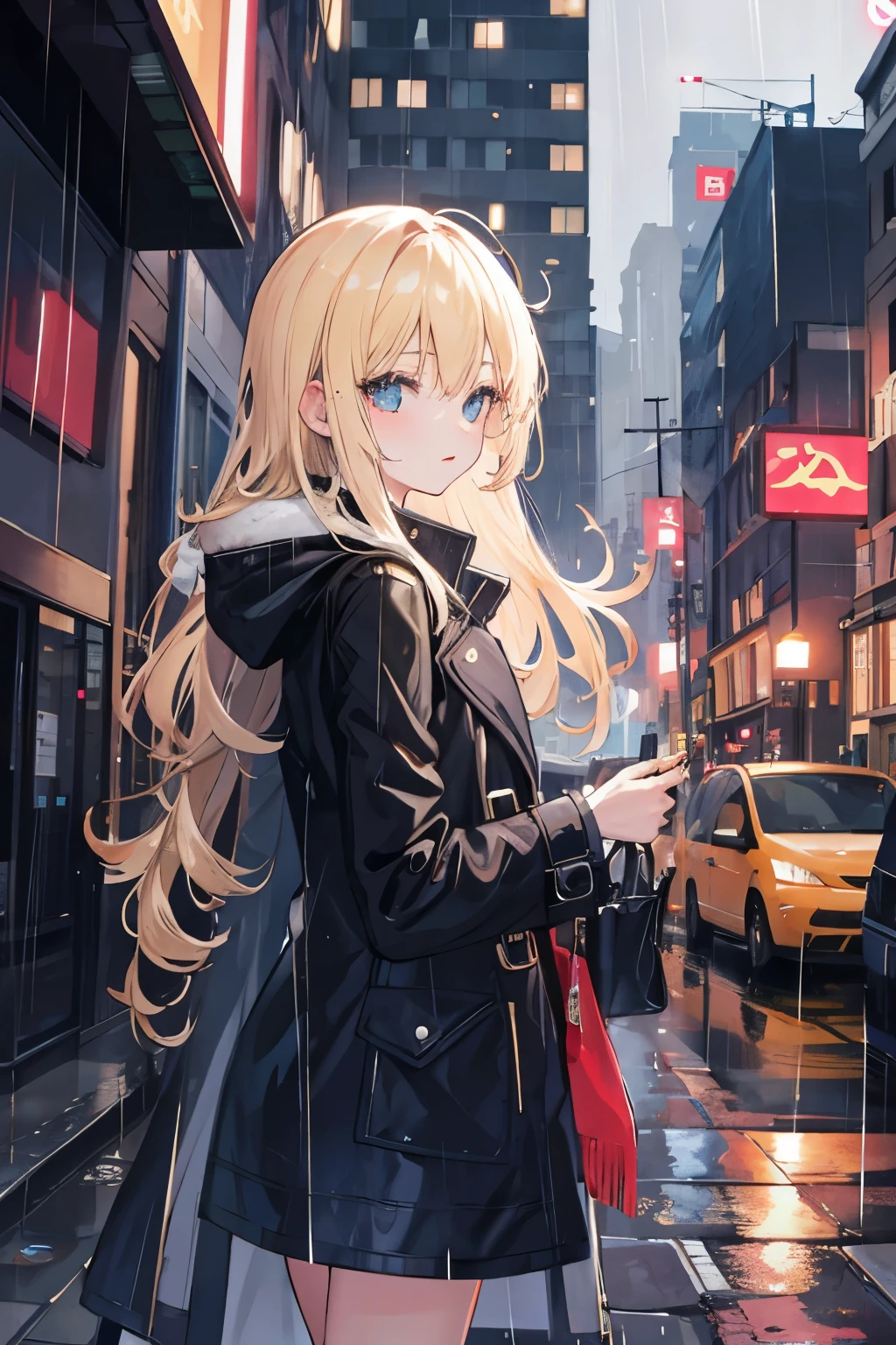 1 girl,City of night,rain,coat,blonde,semi-long