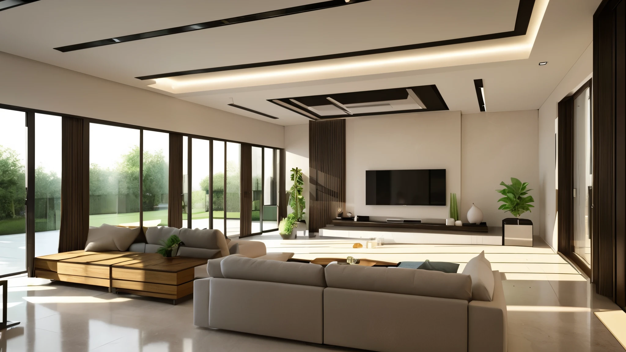 You are a famous interior designer、You have been asked to create a 3D image of a modern large room. Create a harmonious environment with modern and minimalist furniture. Including garden interior.