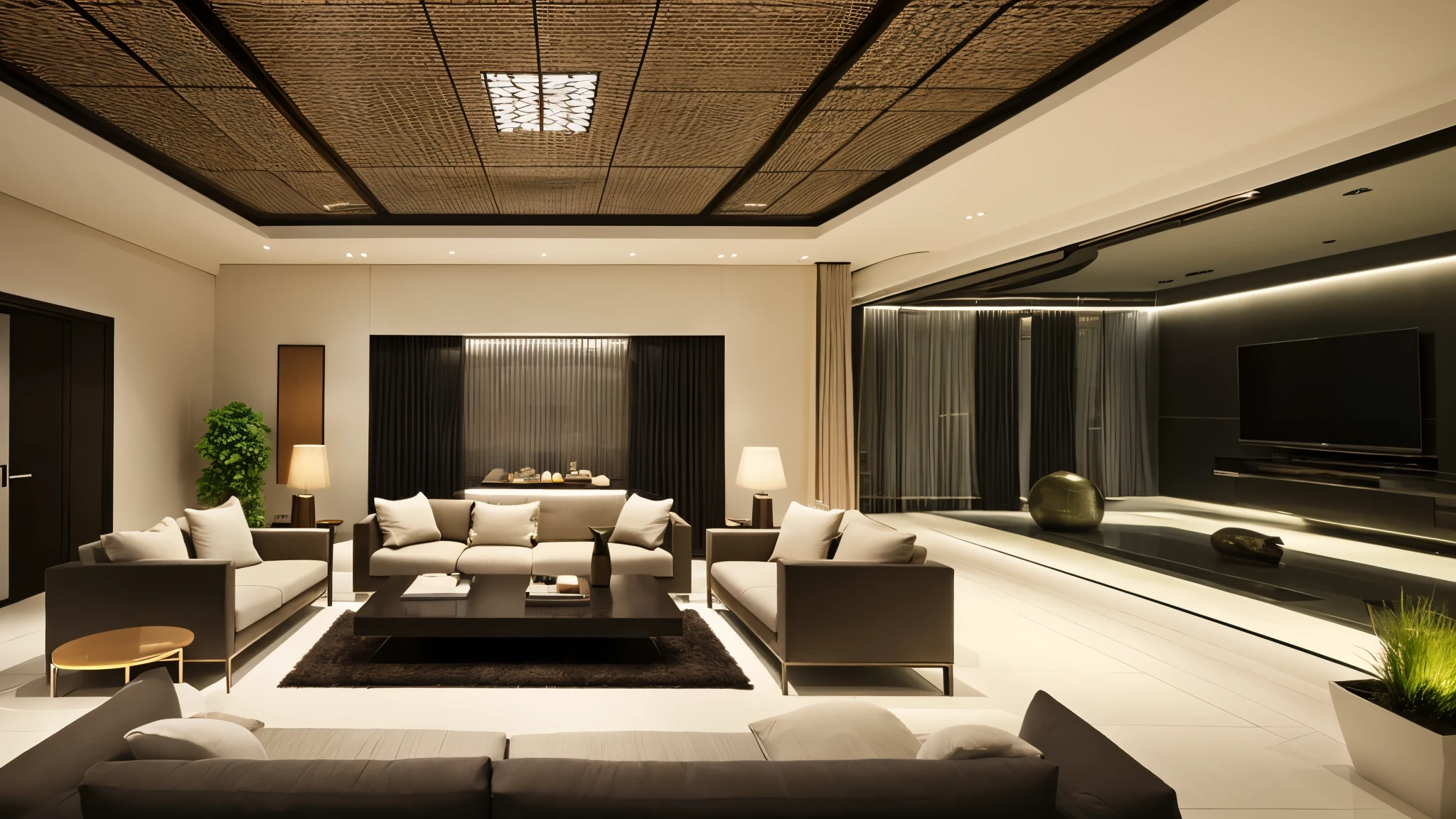 You are a famous interior designer、You have been asked to create a 3D image of a modern large room. Create a harmonious environment with modern and minimalist furniture. Including garden interior.