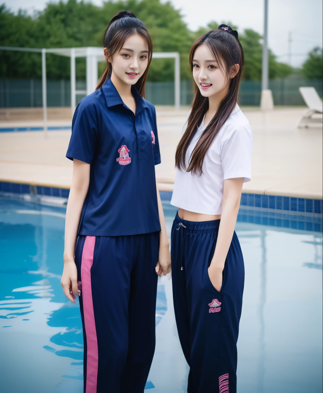 2 girls in the swimming pool, black underwear,Navy Long Trackpant,Sweatpants, Sweatpantsขายาว,25 year old girl, lesbian, sexy, exercise clothes, wet body