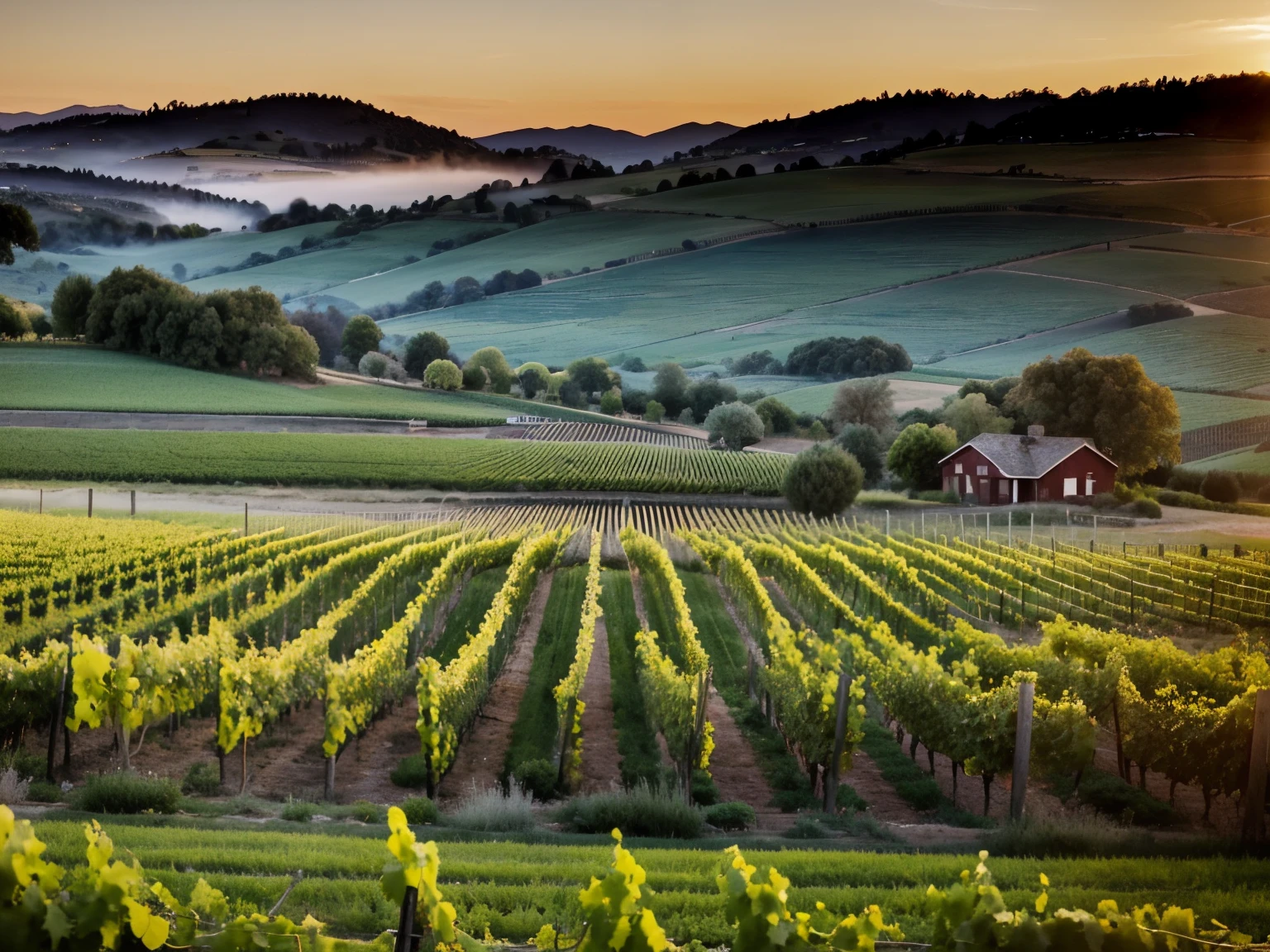 Quiet, pastoral, charming, idyllic, high-quality vineyard at dawn, Napa Valley, USA, misty rows, telephoto lens, DSLR camera clarity, peaceful farming, wine country mood, grapevines.