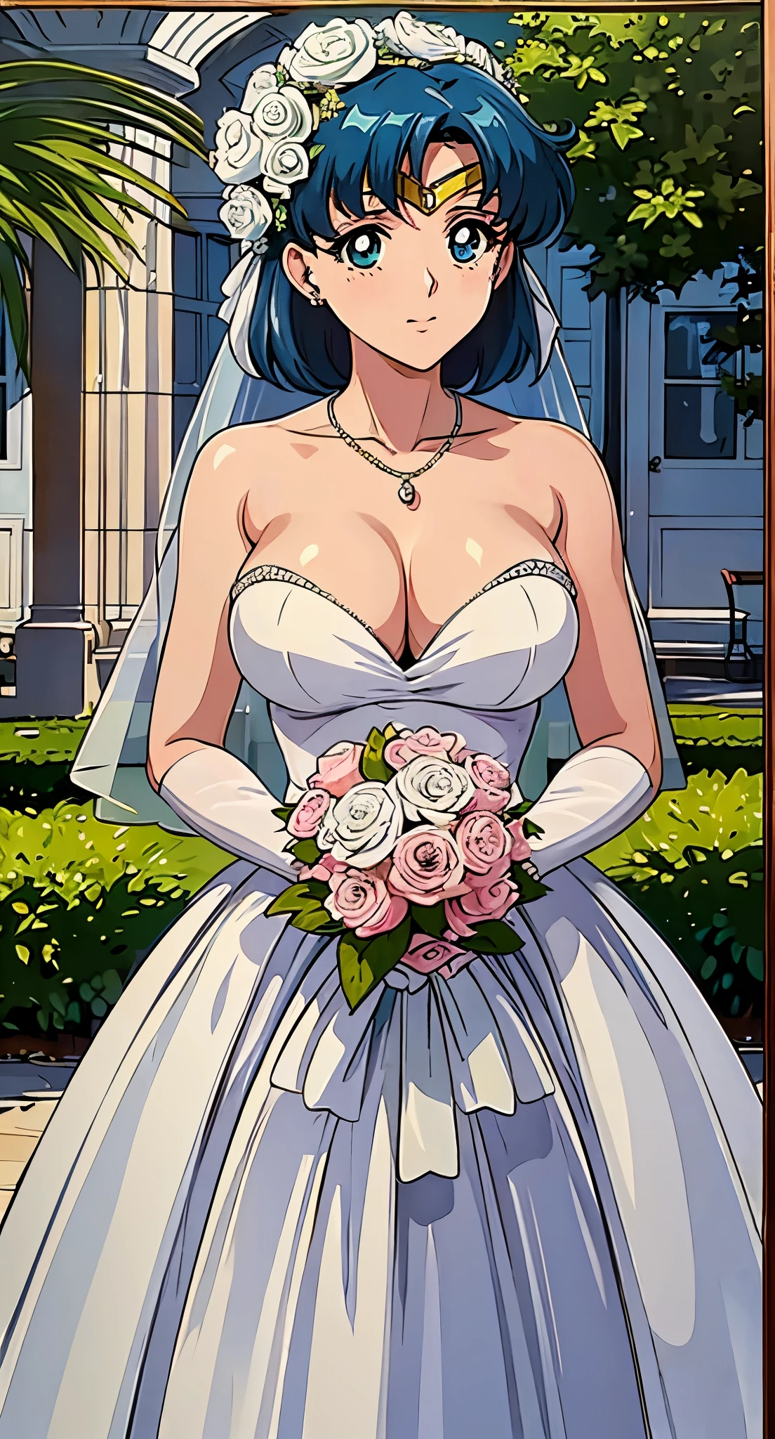 (top quality:1.3), (​Masterpiece:1.4),(anatomically correct), (limbs intact),(complete finger),(Precise fingertips), (Exquisite details),(8k),Sailor Moon!!!!!!!!, Sailor Moon Style,aqua eyes, girl, 20 years old,young women,Close-up of beautiful bride wearing beautiful bridal dress,Guwitz,（Transparent short veil：1.5），Blushed，Head flower，headgear，（bandeau wedding dress：1.5），（Silk dress：1.2）,（Strapless wedding dress：1.5）,pure white dress，necklace，earrings，(large breasts:1.3)，Deep V peach heart collar wedding dress，through bangs，lipstick，（lace gloves：1.3),（(