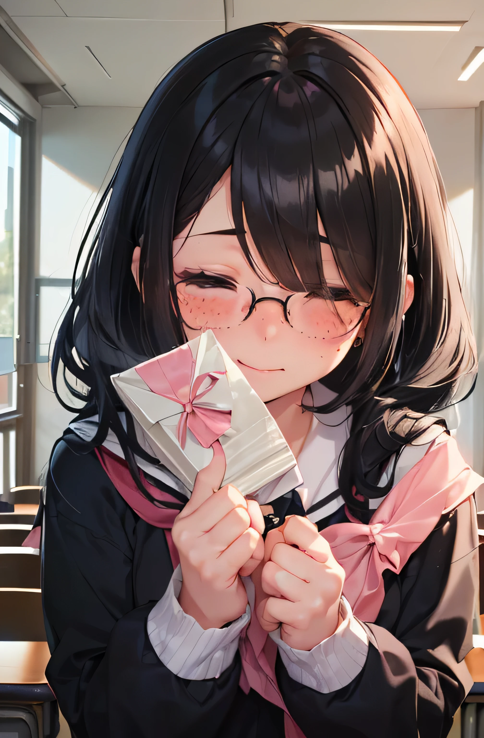(((1 girl)))、13 years old、Middle school students２grade、sailor suit、black tights、student bag、、low length、(((((long bangs hide the eyes:1.5)))))、((freckles))、((((long black hair:1.2))))　(((hair band)))(((black rim glasses:1.2　black eye)))、looking here、Upper body、((classroom at dusk))、((((holding a small white envelope in hand:1.3)))、(((stretch your hands straight out in front of you:1.3)))（(((blush、embarrassing)))))(((confession:1.5)))(((Correct hand structure、Precise finger structure、Human finger、)))