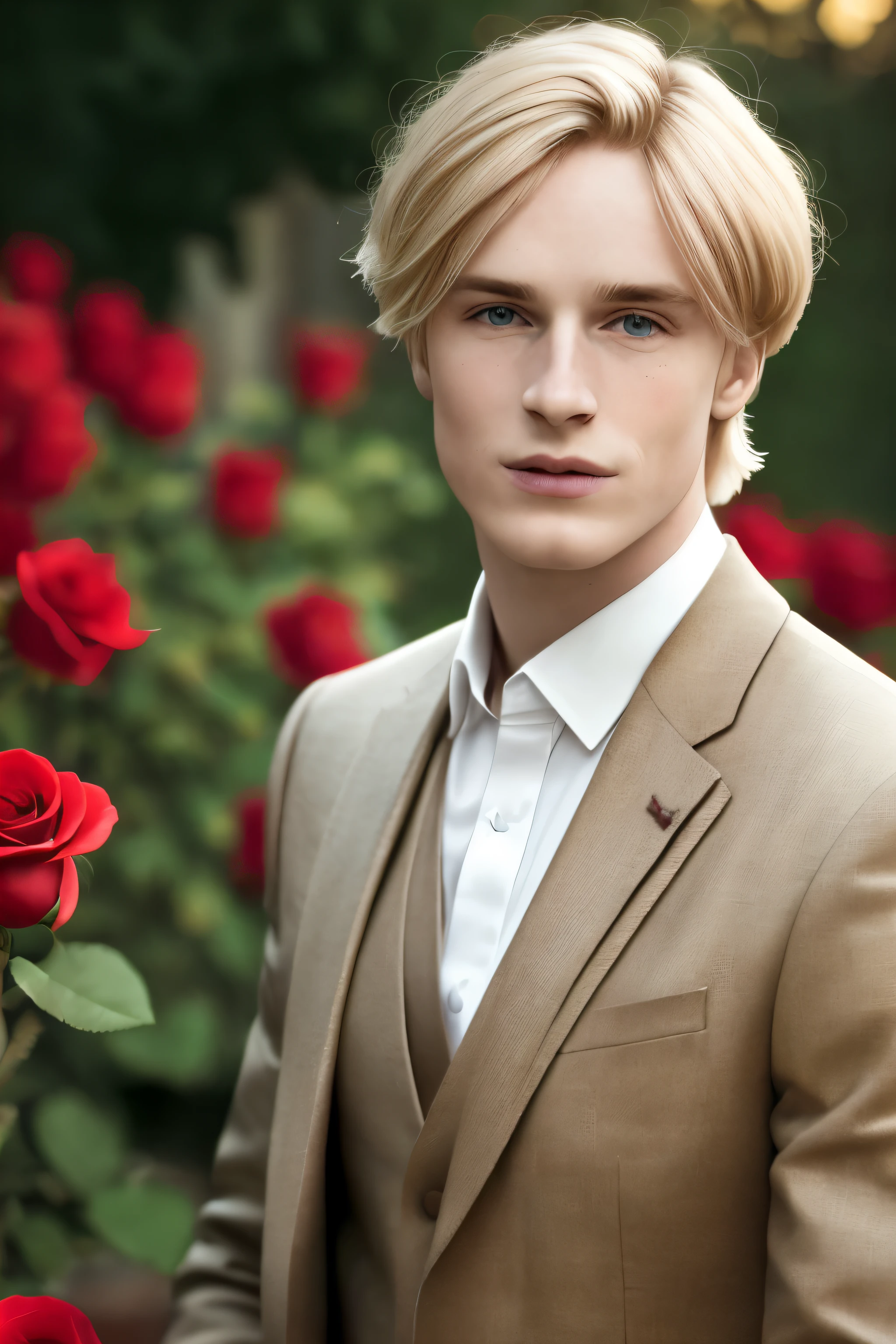 a young man, golden blonde hair, Valentines suit with rose, whole body, in castle, masterpiece, realistic, 8k, detailed, in a garden, highly detailed face, f2.8,denoise, dof, blur background,