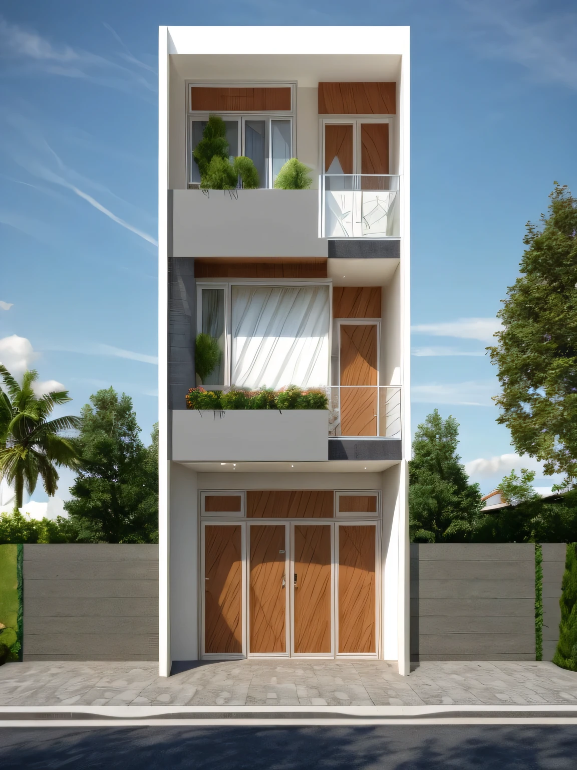 Exterior of house, Mable decorations, (a road in front of house:1.3), tree, sky, cloud, morning weather.