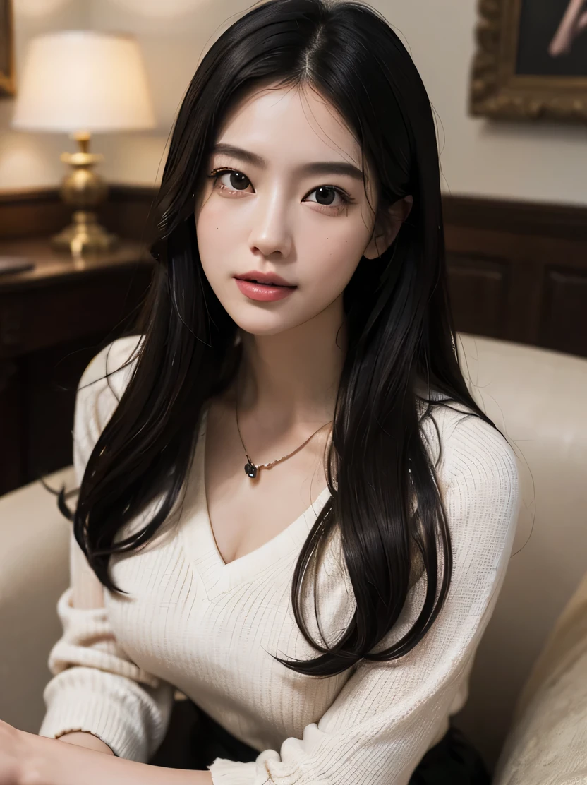 ((masterpiece、highest quality、genuine、Super detailed、High resolution、photogenuineistic、sharp focus、genuineistic photo、Live shooting、cinematic lighting))、Portrait of beautiful woman、bust shot、focus from the chest up、30-year-old girl、rich colors、blush、laugh shyly、detailed hand drawn、Blurry interior background、Fashionable shirts、brown skirt、black stockings、straight black hair、cozy living room、sunlight、sitting on the sofa、Formal Rings、necklace、view audience