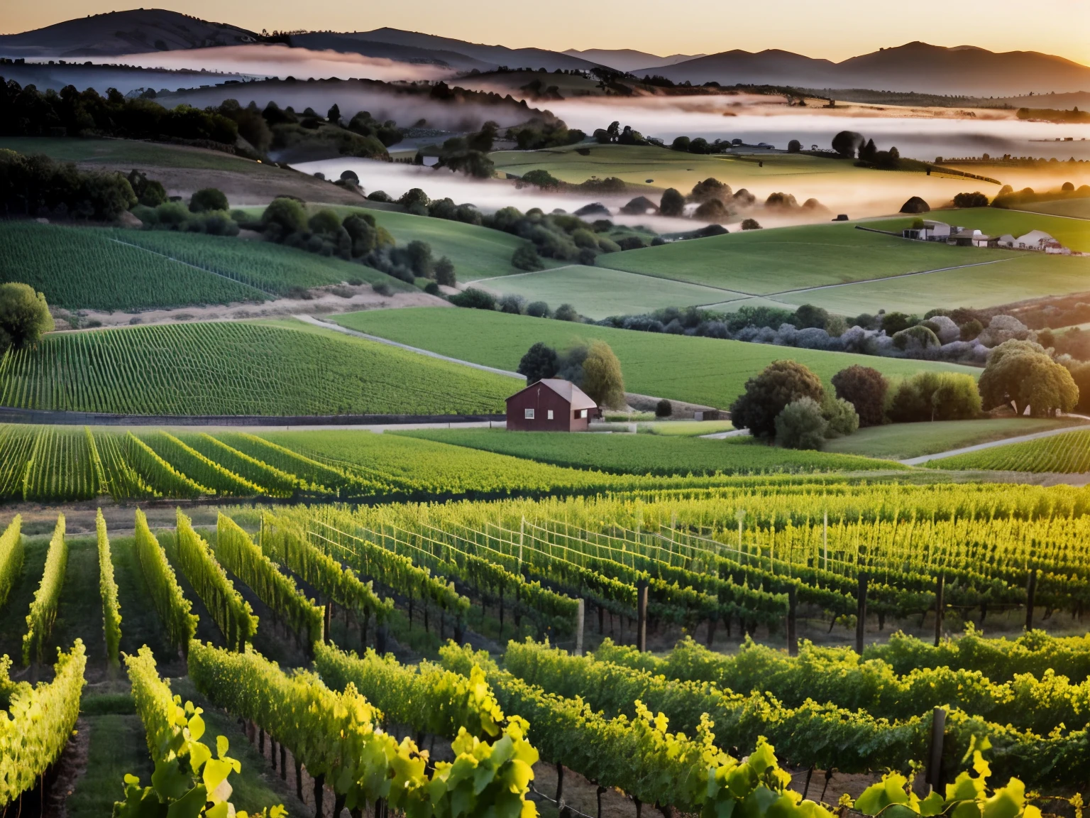 Quiet, pastoral, charming, idyllic, high-quality vineyard at dawn, Napa Valley, USA, misty rows, telephoto lens, DSLR camera clarity, peaceful farming, wine country mood, grapevines.