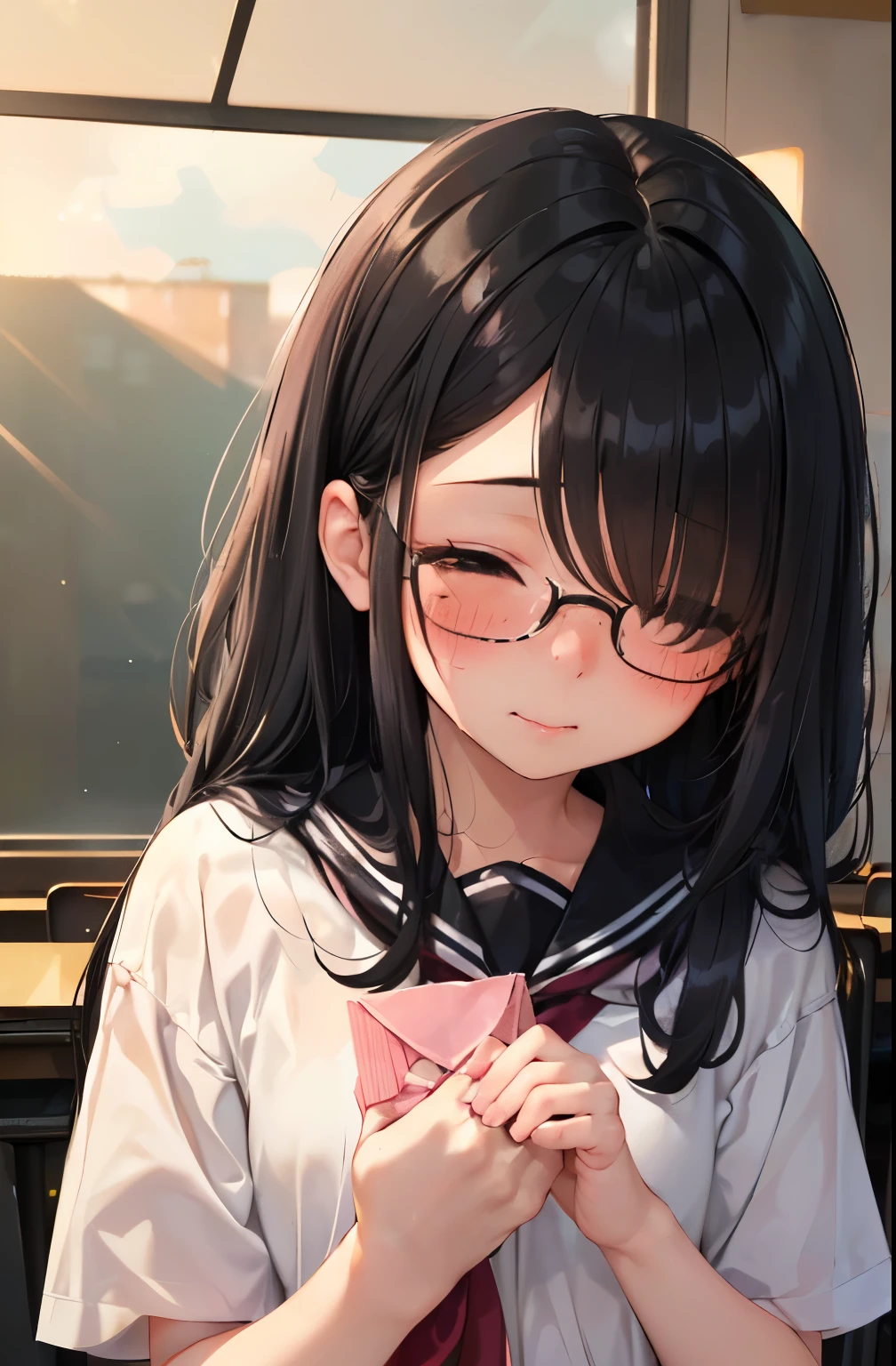 (((1girl)))、13 years old、Middle school students2grade、sailor suit、black tights、student bag、、short height、(((((long bangs hide the eyes:1.5)))))、((freckles))、((((Long black hair:1.2)))) (((hair band)))(((Black rimmed glasses:1.2 black eyes)))、looking here、upper body、((classroom at dusk))、((((holding a small white envelope in hand:1.3)))、(((extend your hands straight ahead:1.3)))((((blush、embarrassing)))))(((confession)))(((Correct hand structure、Precise finger structure、Human finger、)))