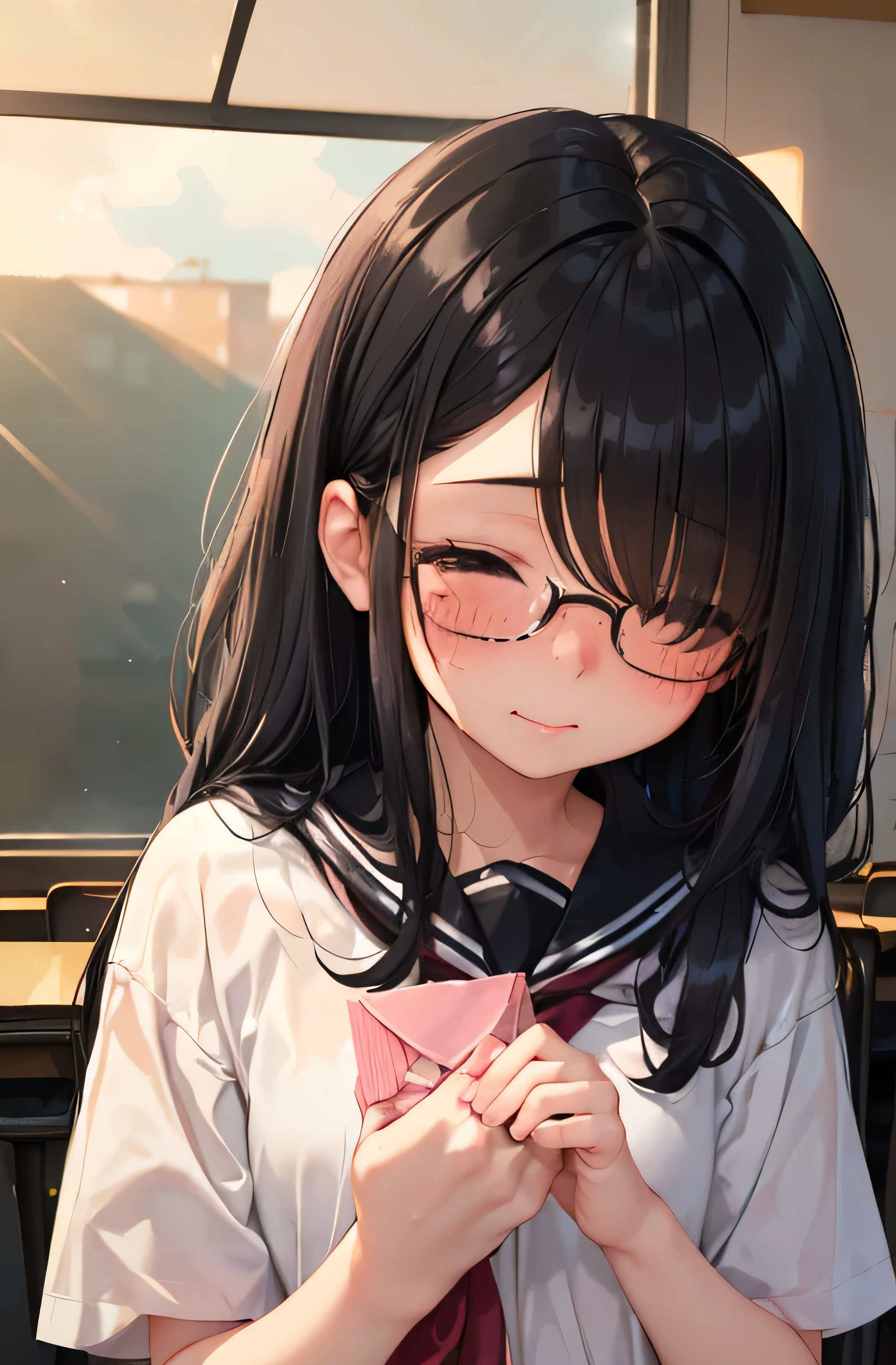 (((1 girl)))、、Middle school students2grade、sailor suit、black tights、student bag、、low length、(((((long bangs hide the eyes:1.5)))))、((freckles))、((((long black hair:1.2)))) (((hair band)))(((black rim glasses:1.2 black eye)))、looking here、Upper body、((classroom at dusk))、((((holding a small white envelope in hand:1.3)))、(((stretch your hands straight out in front of you:1.3)))((((blush、embarrassing)))))(((confession:1.5)))(((Correct hand structure、Precise finger structure、Human finger、)))