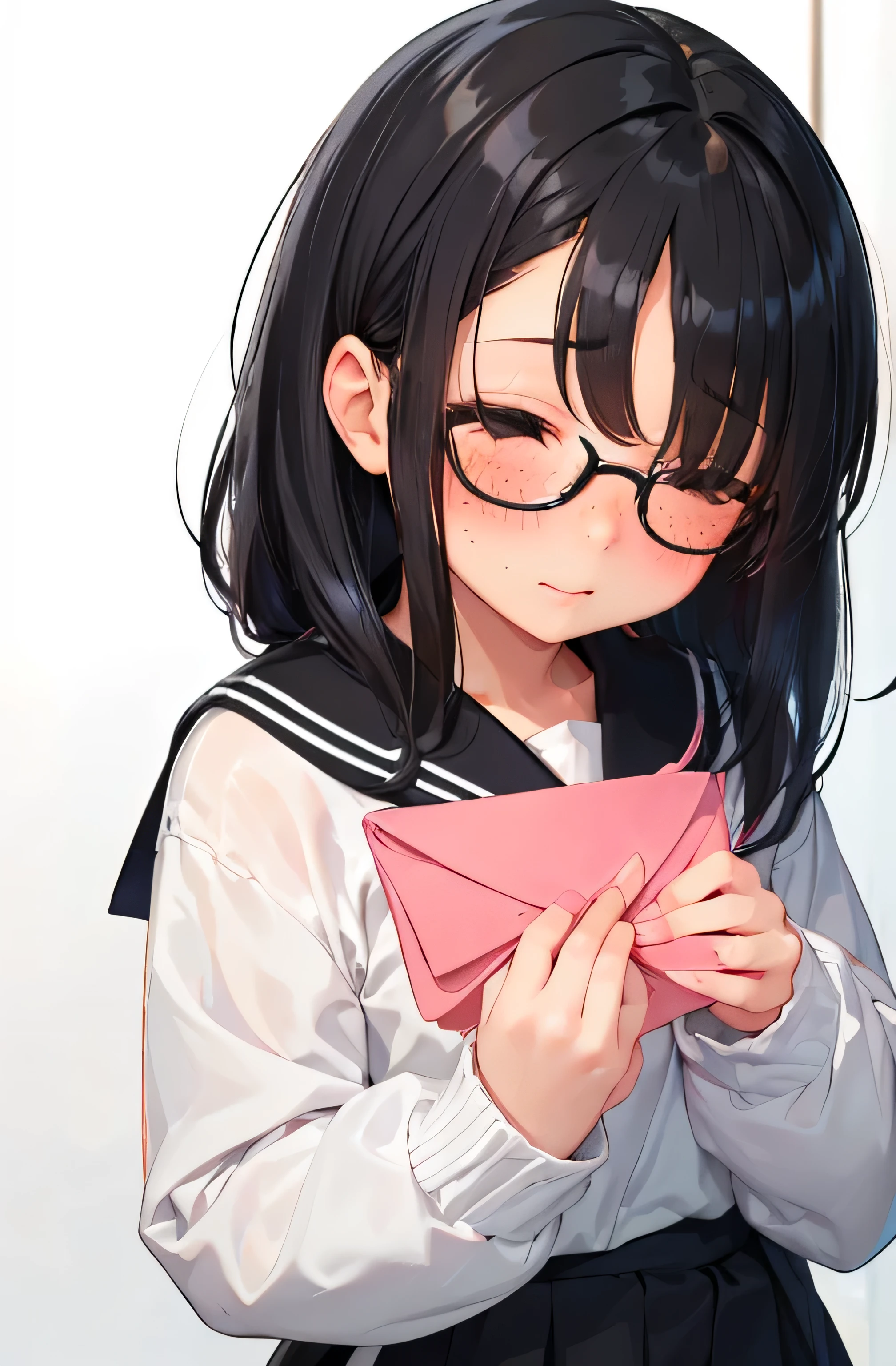 (((1 girl)))、、Middle schooade、sailor suit、black tights、student bag、、low length、(((((long bangs hide the eyes:1.5)))))、((freckles))、((((long black hair:1.2)))) (((hair band)))(((black rim glasses:1.2 black eye)))、looking here、Upper body、((classroom at dusk))、((((holding a small white envelope in hand:1.3)))、(((stretch your hands straight out in front of you:1.3)))((((blush、embarrassing)))))(((confession)))(((Correct hand structure、Precise finger structure、Human finger、)))