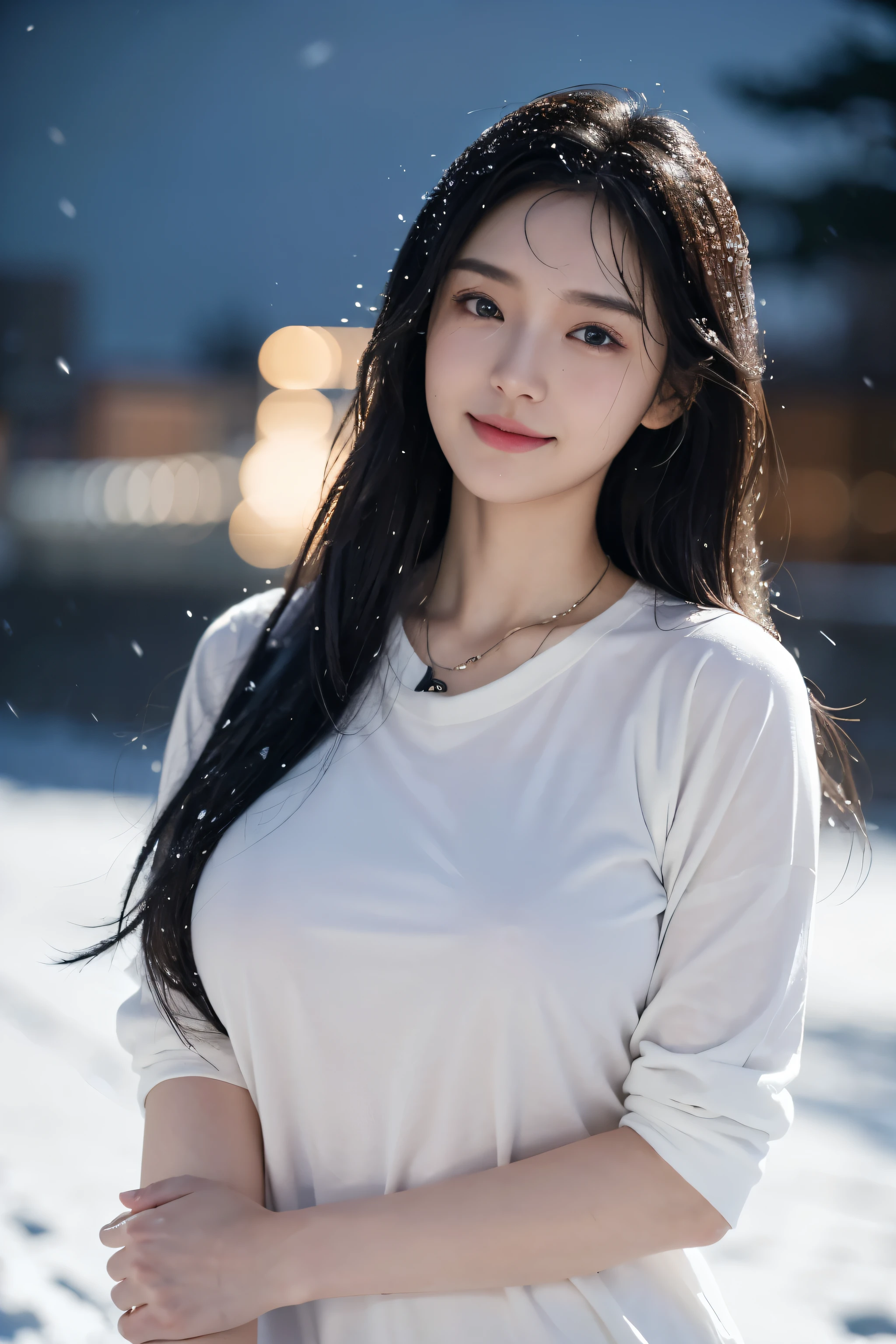 (top-quality,masterpiece:1.3,超A high resolution,),(ultra-detailliert,Caustics),(Photorealsitic:1.4,RAW shooting,)Ultra-realistic capture,A highly detailed,high-definition16Kfor human skin、(Large breast) ((Jewelry)) ,Hair ornament , Necklace ,Skin texture is natural、、The skin looks healthy with an even tone、 Use natural light and color,One 25 years old , random hair style , white body press t-shirt, tight_shirt, (smile:1.2), city street, (photorealistic:1.2), (ultra realistic:1.3), (very detailed:1.1), ((masterpiece)), super big round breast, mega big under tshirt, large breasts , ((wet clothes)) , (( wet body )) ,japanes,,kawaii,A dark-haired,Middle hair,(depth of fields、chromatic abberation, Wide range of lighting、Natural Shading、)、(Exterior light at night:1.4)、(Falling snow:1.3)、(Hair swaying in the wind:1.2)、(Light reflecting snow:1.0) ,full mood expression , camera from drone
