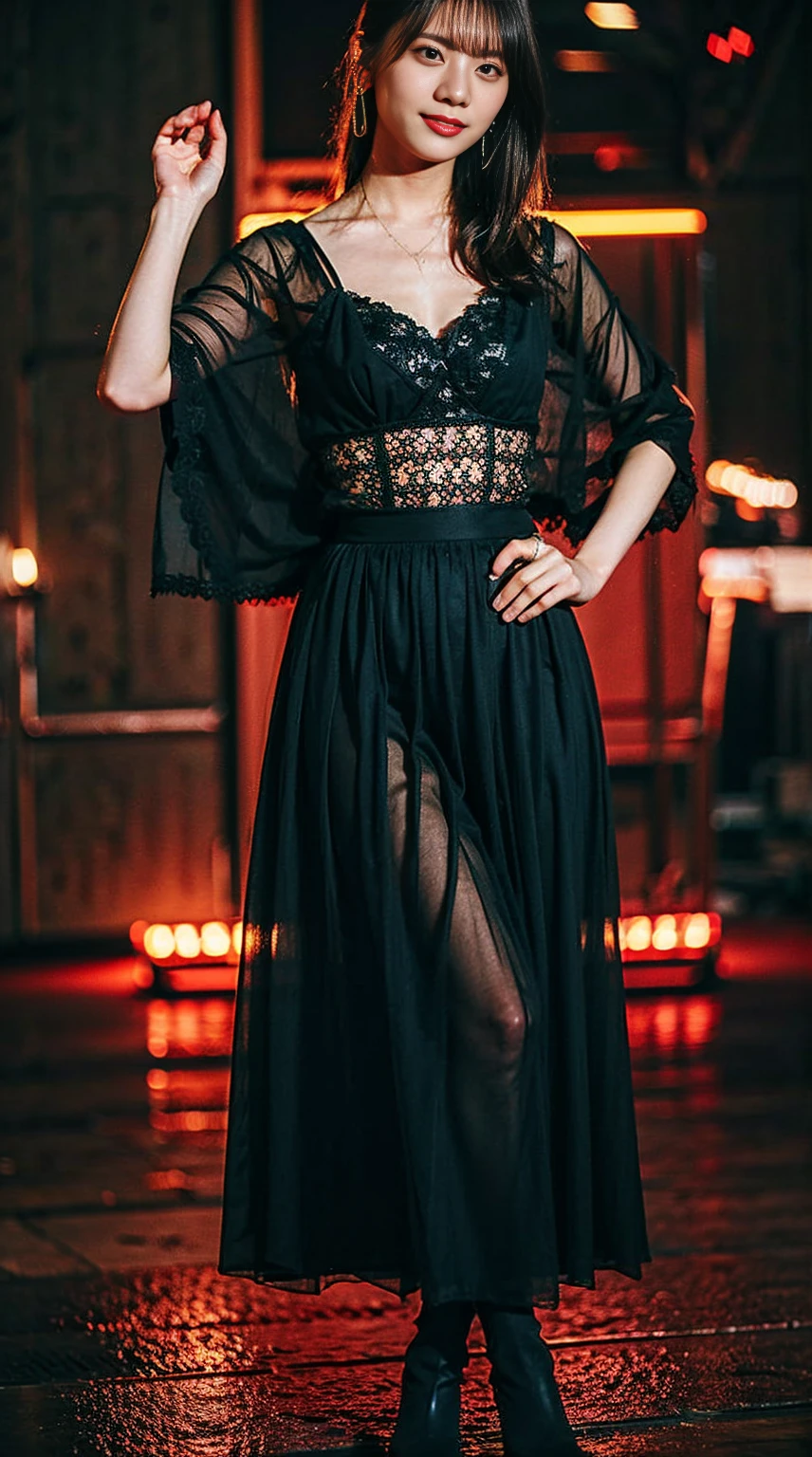 masterpiece, great work, whole body, 1 girl,  mini skirt, blush, bracelet, beautiful breasts, , gradient hair, long hair, looking at the audience, loose earrings, checked skirt, red eyes, ring, smile, alone,  fashion, woman, vitality,  take a pose, front, colorful,concentrated、whole body画像(1:5）、thin legs、Are standing、put your hands on your hips、idol costume、boots、whole body画像、Chest emphasis、pink costume、stand with legs apart