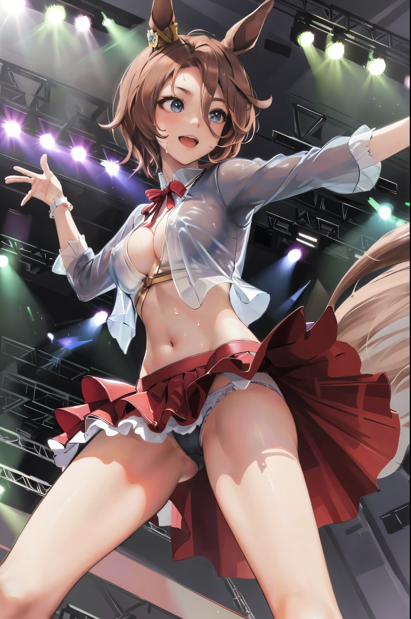 sexy dance show,sexy pose,narita taishin \(umamusume\),good anatomy, masterpiece, best quality,realistic, hyperrealistic, 16k hdr,Smile,(Live Stage),(see through costume:1.2),Stage costumes,Horse tail,sing a song,ultra miniskirt,navel,micro panties,clearvage,erected nipples,sweat,from below,large breasts,spread legs,