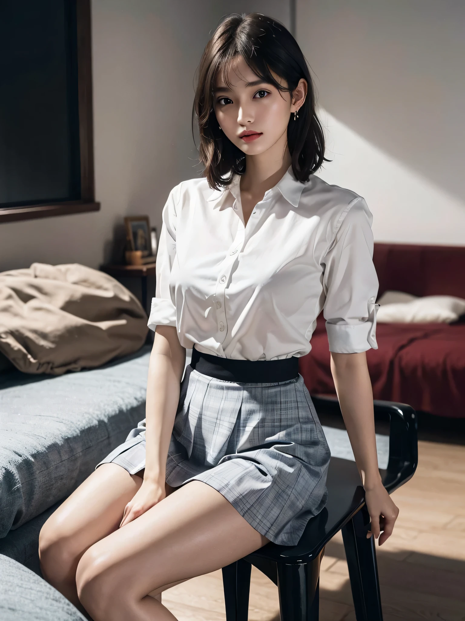 disorganized, RAW photo, very delicate and beautiful, masterpiece, highest quality, ultra high resolution, 16k, surreal, super detailed, perfect anatomy, super dense skin, perfect figure, Highly detailed CG 8k wallpaper, 20's, very slim body, (tight waist:1.1), very small head, very small face, delicate features, tearful mole, earrings, thin legs, (very huge round breasts:1.1), (full body shot:1.2), short hair, wavy hair, (school uniform:1.1), (dress shirt:1.1),