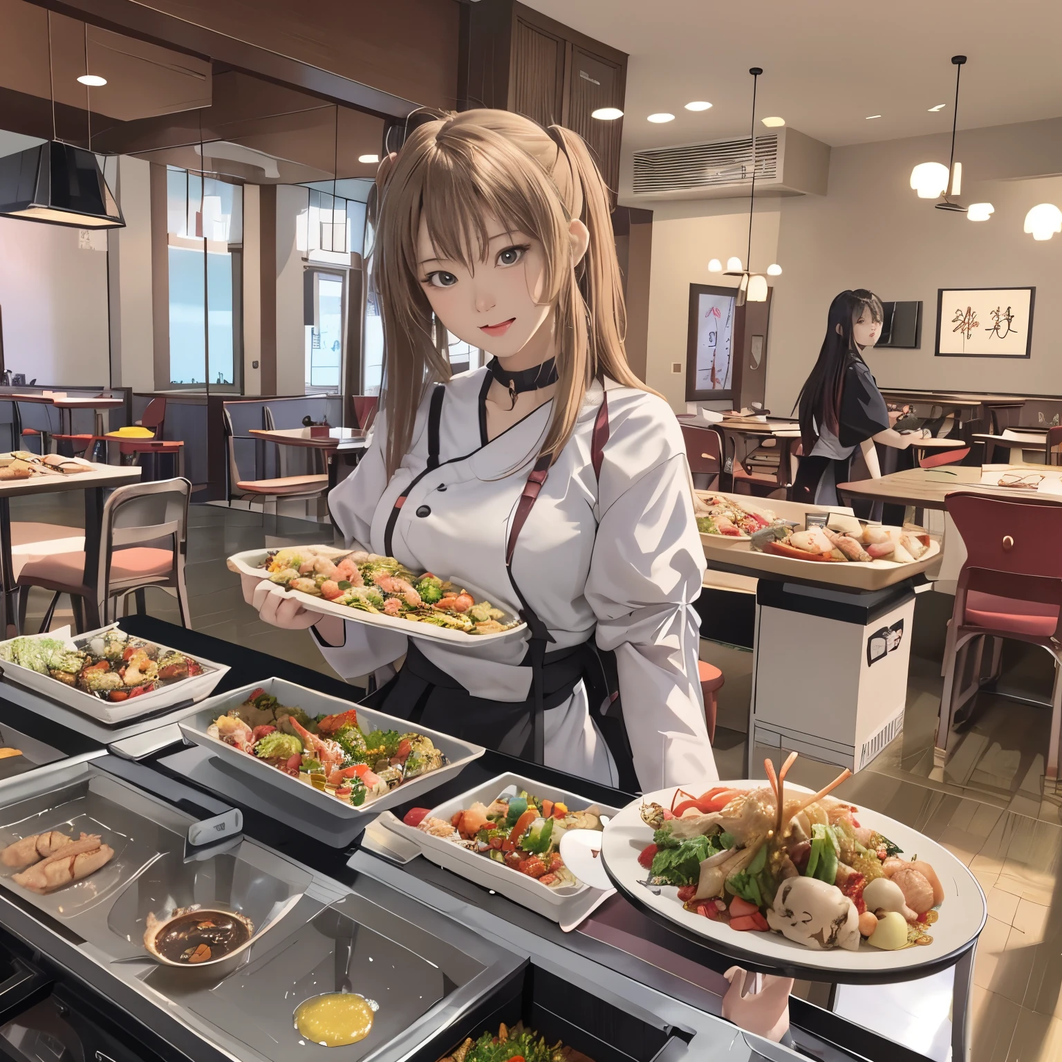 最高masterpiece、realistic anime images、masterpiece、1 girl、23 years old、(standing position、looks fun、put food on a tray)、(Buffet style restaurant、Lots of food on the table)