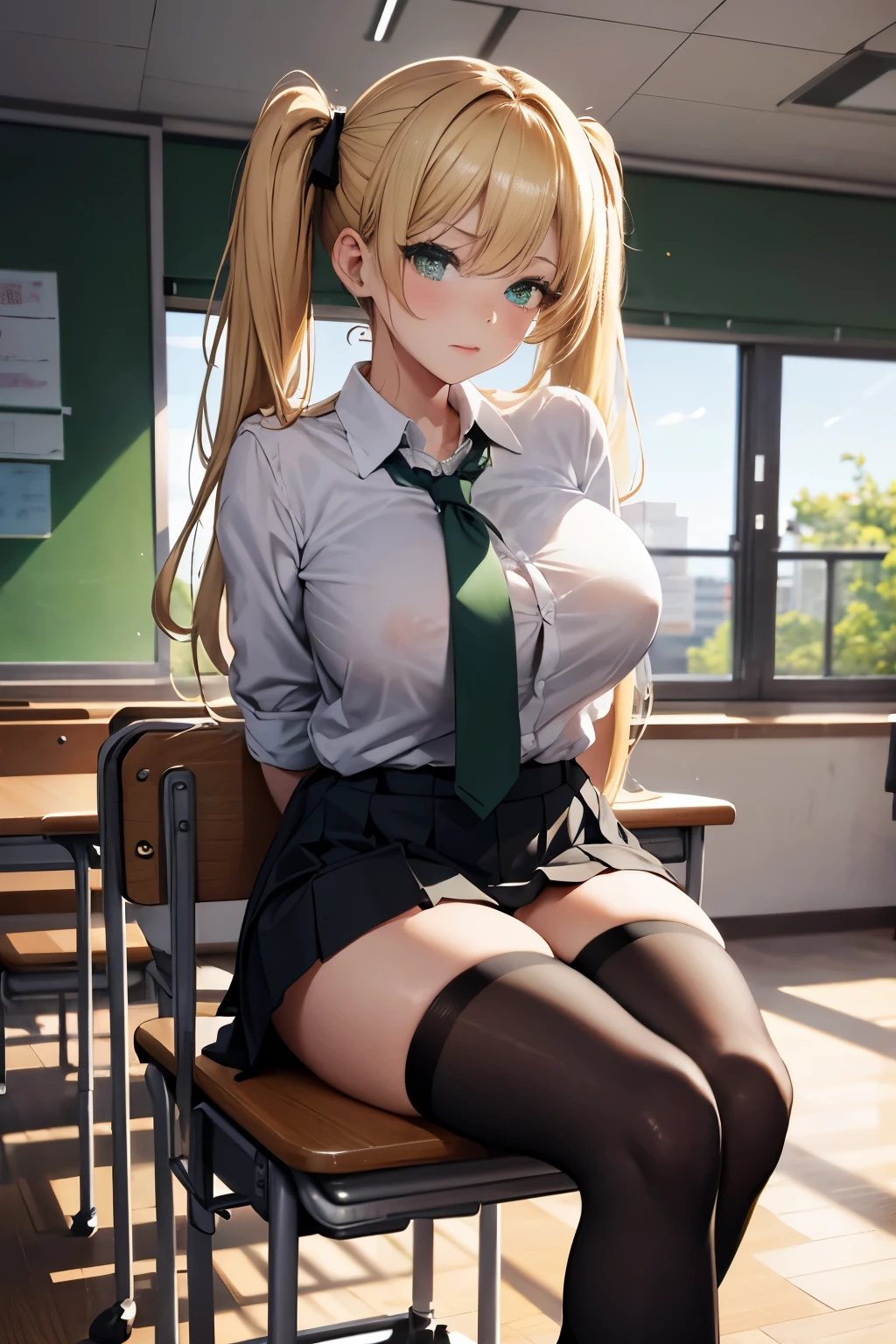 4K, masterpiece, 1 girl, blonde hair, twin tails, beautiful, green eyes, Improve, compensate, big breasts, school uniform, black stockings, sitting on a school chair, classroom,