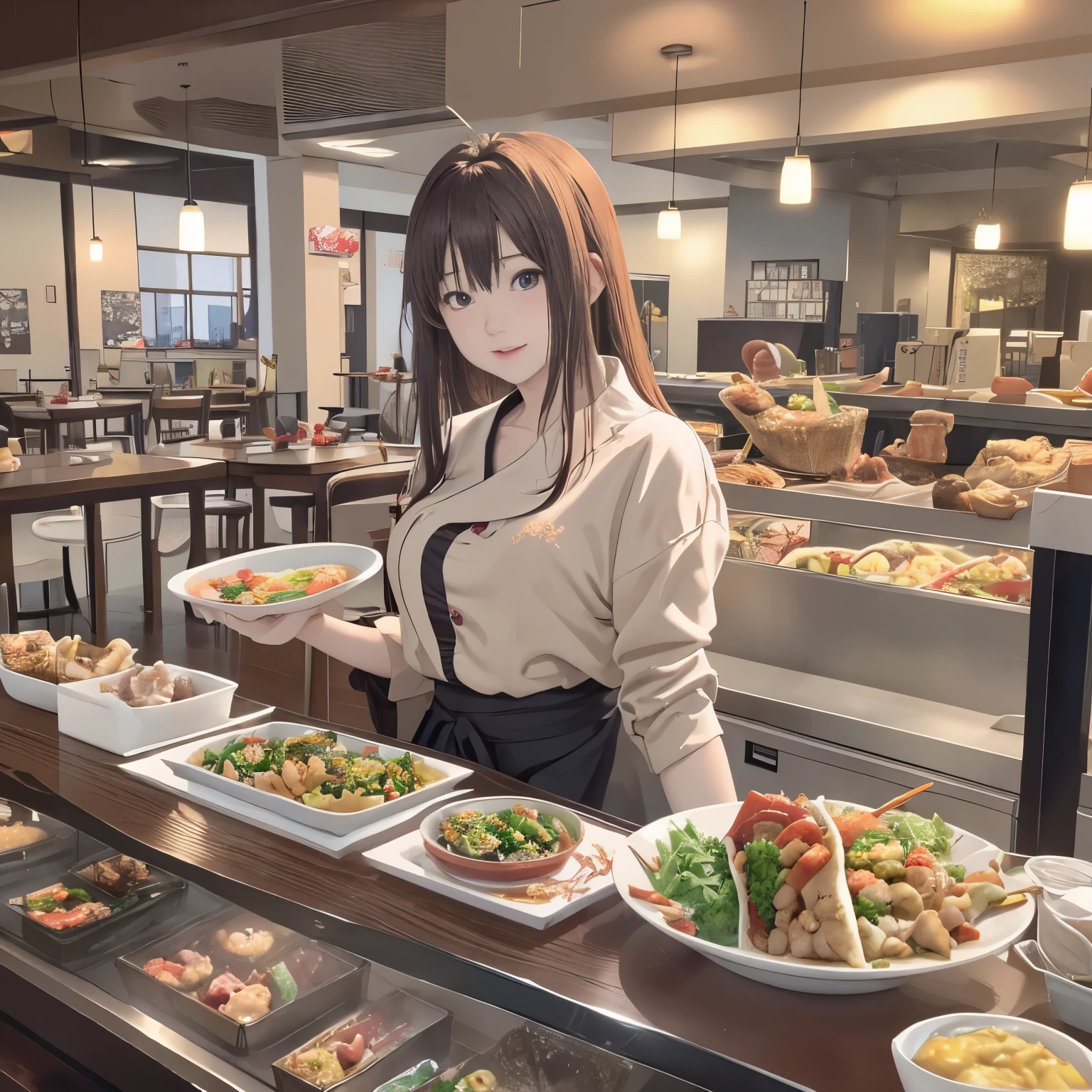 最高masterpiece、realistic anime images、masterpiece、1 girl、23 years old、(standing position、looks fun、put food on a tray)、(Buffet style restaurant、Lots of food on the table)