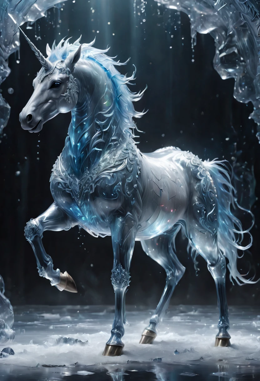 transparent ice unicorn, elaborately designed, (long legs), drkfntasy, gleam, ultra realistic, extremely detailed CG unity 8k wallpaper, masterpiece, best quality