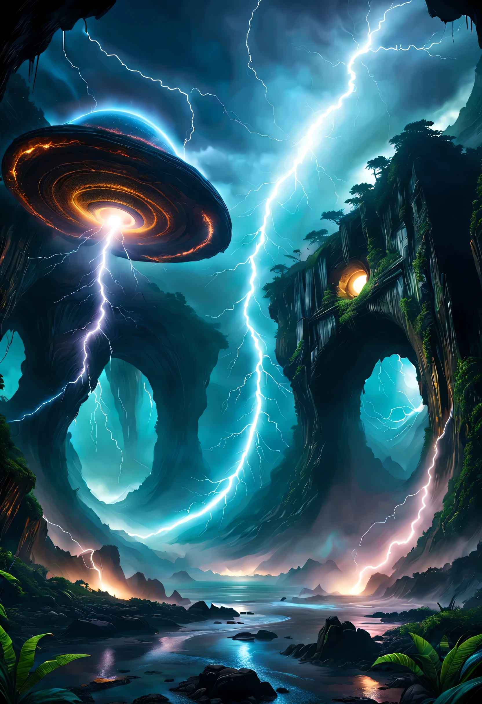 Hidden in a cave: 时空之Door,传送Door,wormhole,Door,Vortex storm,tornado,connected, Alien worlds and alien jungles,alien creatures,lightning,wave,lightwave,Luminous ions,Ray tracing