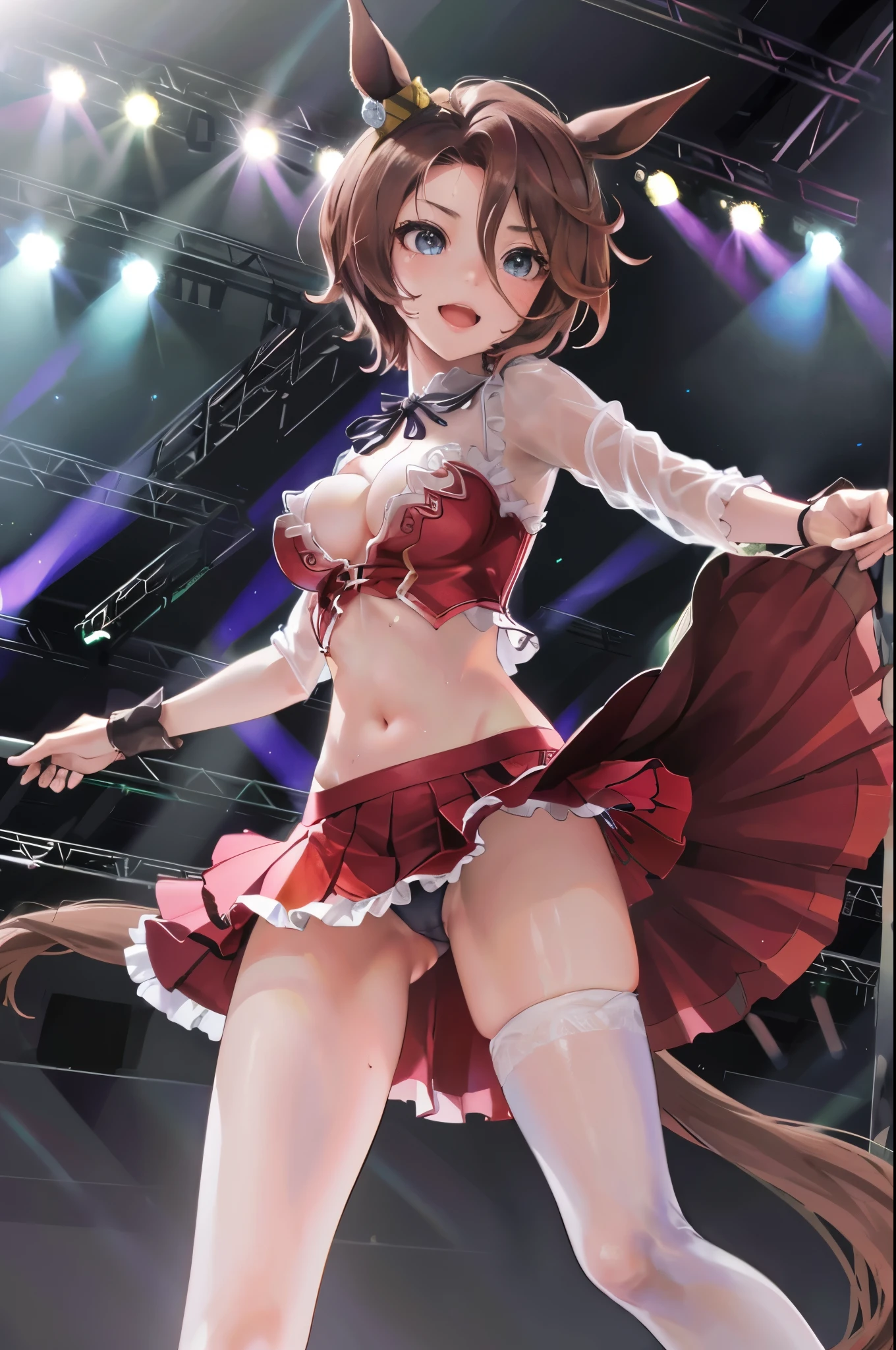 sexy dance show,sexy pose,narita taishin \(umamusume\),good anatomy, masterpiece, best quality,realistic, hyperrealistic, 16k hdr,Smile,(Live Stage),(see through costume:1.2),Stage costumes,Horse tail,sing a song,ultra miniskirt,navel,micro panties,clearvage,erected nipples,sweat,from below,large breasts,spread legs,