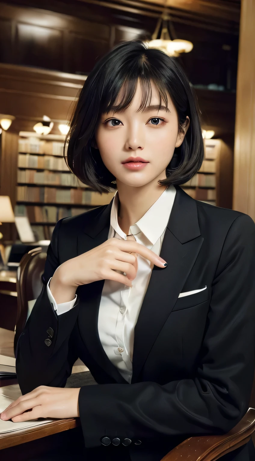 (highest quality,realistic,Photoreal,very delicate and beautiful,very detailed,finely,Super detailed,High resolution:1.3),Japanese, woman、(19 years old)、viewer&#39;point of view　((Beautiful and shiny bob cut hairstyle))、smile,((half-open lips)),(beautiful feces:1.2) (cute:1.3) positive　((half-open lips)),Beautifully groomed hair　((The background is inside a very fashionable luxury library at night:1.3)),((Accurate and detailed human body:1.3)) ((black business suit))　((Fashion Model:1.3)),Gravure model for fashion magazine　Very classy　((intellectual))、((Wearing a white collared business shirt under a black suit business jacket))D cup breasts,knee length black business skirt,Inside a beautiful high-end library,Sitting at a stylish desk and stylish chair,((become familiar with, Ultra-high-quality eye reproduction:1.3)) (Realistic eye reproduction:1.3)(looking at the viewer),Hands on your knees,,Modesty,clear,Photo from the front,